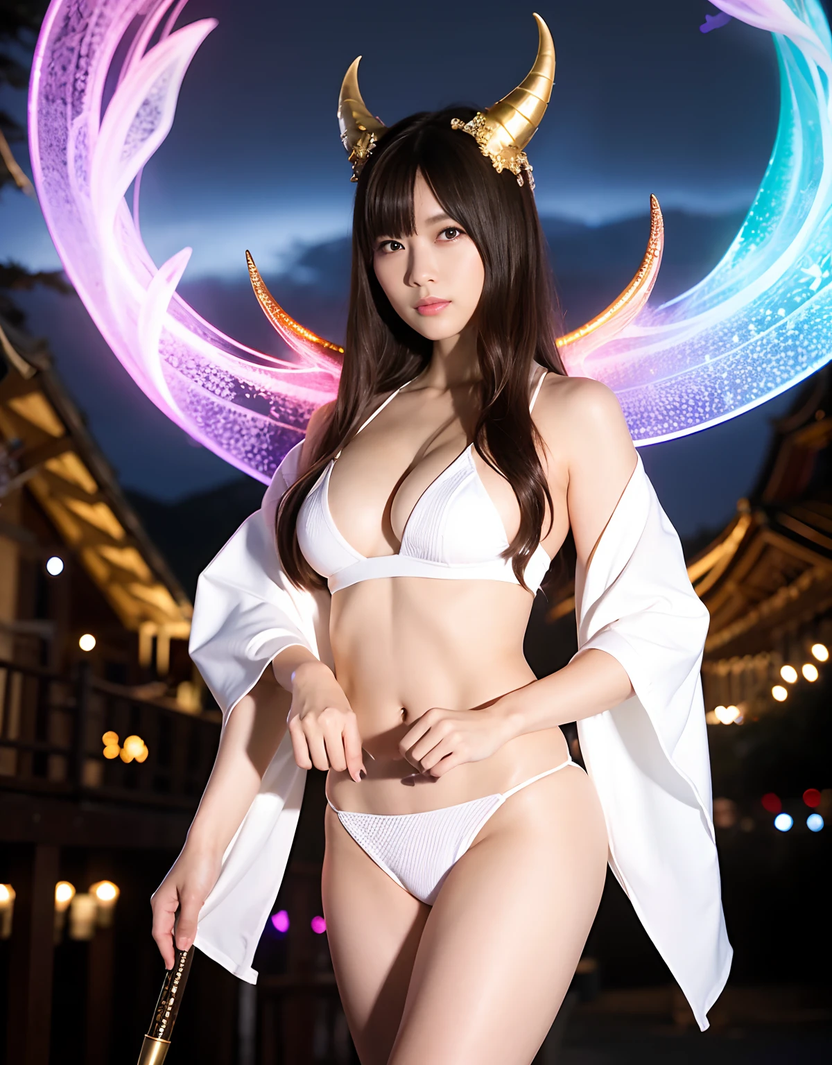 ((World of Darkness)),Professional , ​masterpiece、top-quality、photos realistic , depth of fields 、Dark Fantasy、（Ultimate Beauty）、A dark-haired、（White bikini armor)、（）、（natta）、（（Fight dragons））,(Wear a beautiful kimono),（Wear a beautiful kimono with colorful floral patterns）、Jewel Gold Weapon、Particles of light),（Has a devil's mask）、Gorgeous gold weapons ,（（ Gorgeous Dragon Sword）） , （Fox Mask）,,（maikurobikini） 、（（Black Haired Beautiful Girl））、（Castle background）、（demonic wings）、（（Gangle's forest background））、Beautiful Caucasian beauty、１a person、dynamic ungle,(((Two devil's horns on the head)))、Smaller head、Idle Smile、Thin and beautiful female hands、Mystical expression、Light Effects、intense fighting、Wind-effect、magic circles、With the legendary magic wand、Dragon's tail、