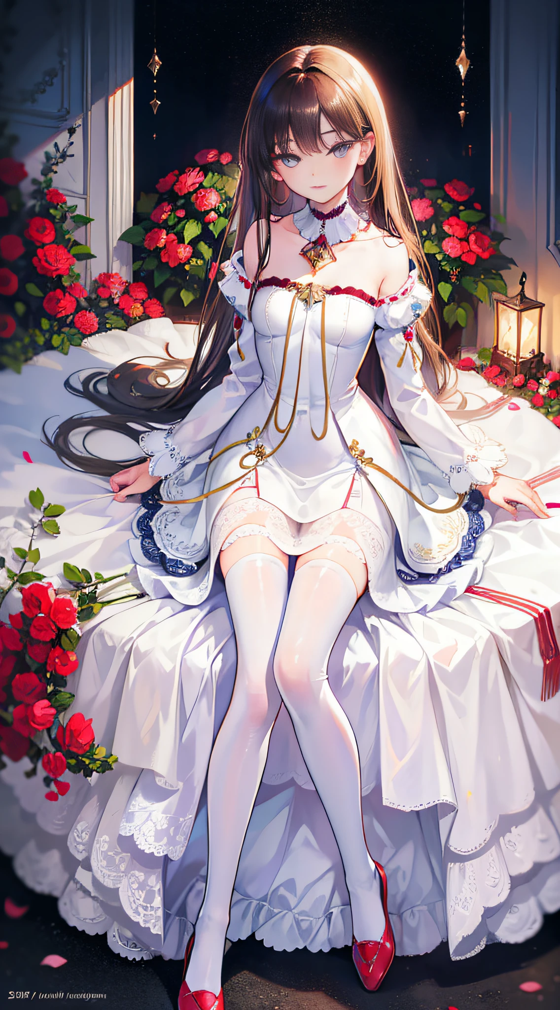 Beautiful detailed eyes,long eyelasher,beautiful detailed lips,Extremely detailed eyes and face,1girll,A high resolution,Realistic,Photography,Vivid colors,Soft lighting,Brunette hair,Shoulder-length hair,Excellent figure,White dress,White stockings,Red shoes,stands in the garden