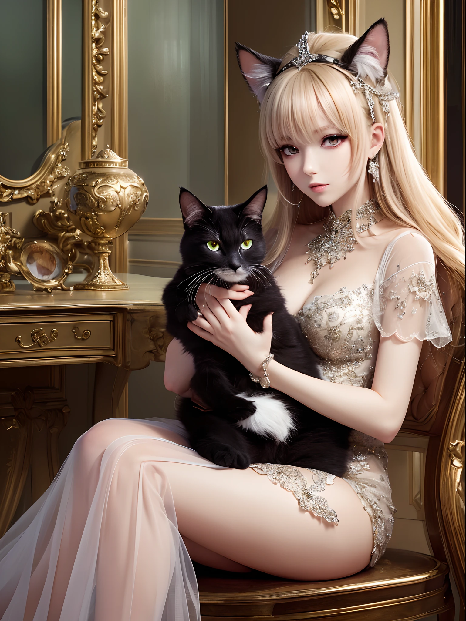 ((Finest quality)),(超A high resolution),(ultra-detailliert),((Best Anime)),sharpnes,Clair,Art with astounding depictions,Glamorous atmosphere:1.4, (dame:1.3,Glittering dresses),Sit on a chair and hold a cat to your chest