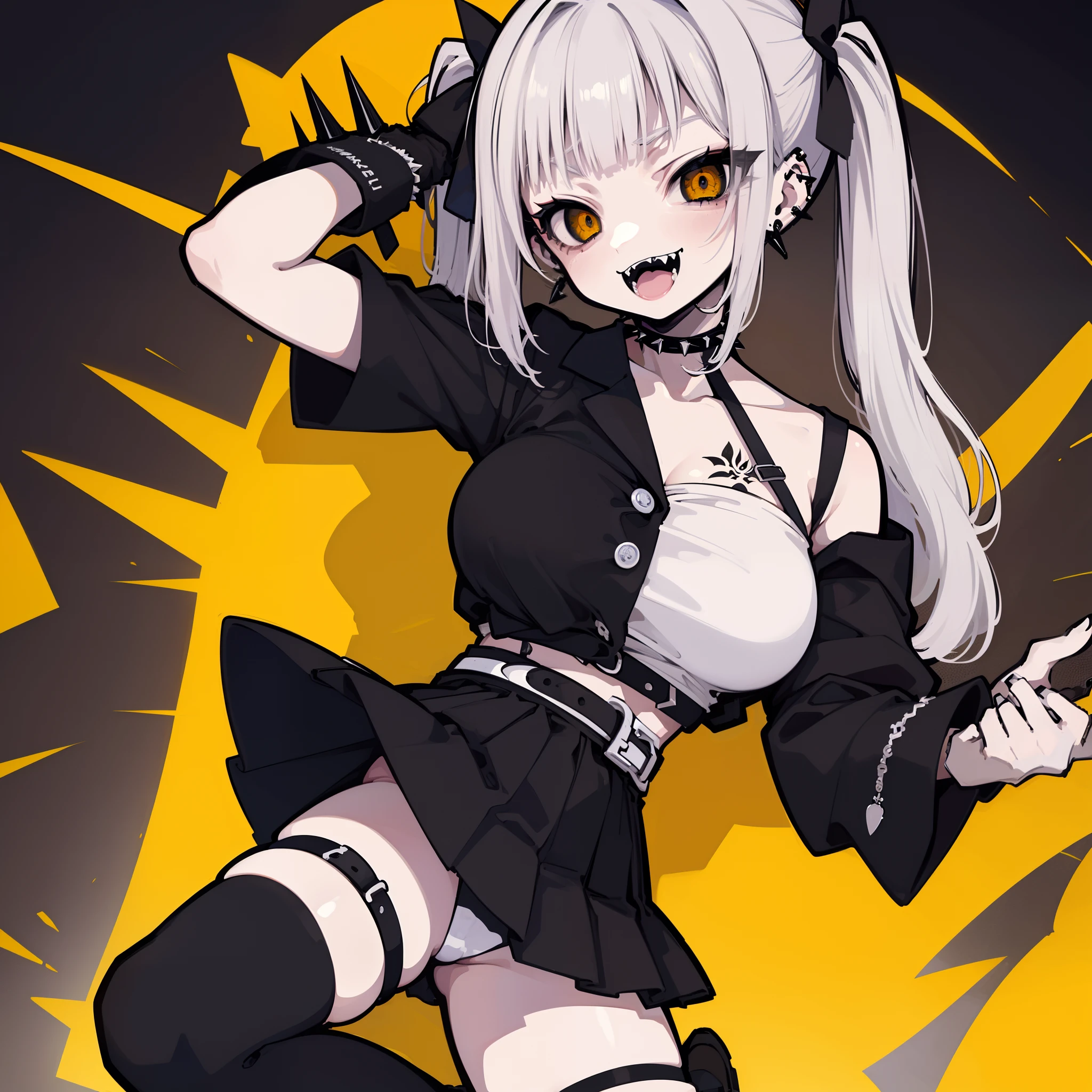 {{{1 girl}}}, {{{solo}}}, {{{{masterpiece}}}},{{best quality}},{{official art}},{{extremely detailed cg unity 8k wallpaper}},{{{artbook}}}, {{{1girl}}}, {{{solo}}}, {{{blue hair}}}, ((Medium short hair)), ((messy Hair)), (Short hair), (((Unkempt hair))), ((big sized short twin tails)), ((blunt bangs)), ((straight bangs)), ((diagonal bangs)), Yellow eyes, slant eyes, ((thick eyebrows)), fangs, (((Spiteful smile, smirk, fangs))), ((black short sleeve shirt)), black pleated short skirt, spike choker, spike leg ring, black shoes, yellow belt, (((lots of piercings))), (((extension piercing))), huge breasts, dark theme, {{white skin}}, horror, illustration, special forces, glowing pupils, solo, standing, young girl, holding spiked bat, tattoos on her arms, tattoos on her legs, black finger nails, ((1 girl)), perfect anatomy