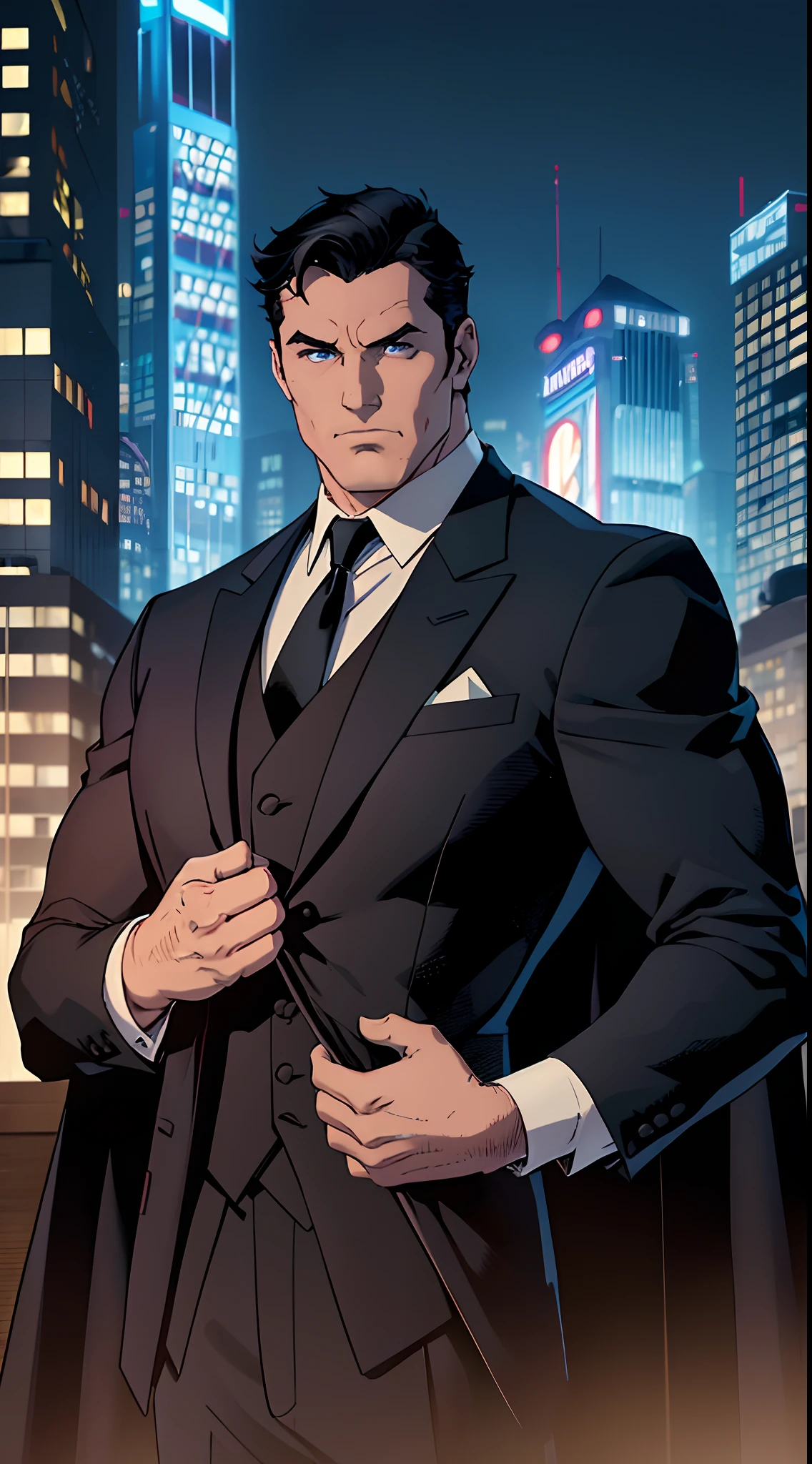 1 man, Bruce Wayne (Batman), muscular male, daddy, large pectorals, male focus, middle-aged man, black hair, short hair, blue eyes, smirks, face focus, black tuxedo suit, black necktie, upper body shot, skycrapers, ((masterpiece)), nightime