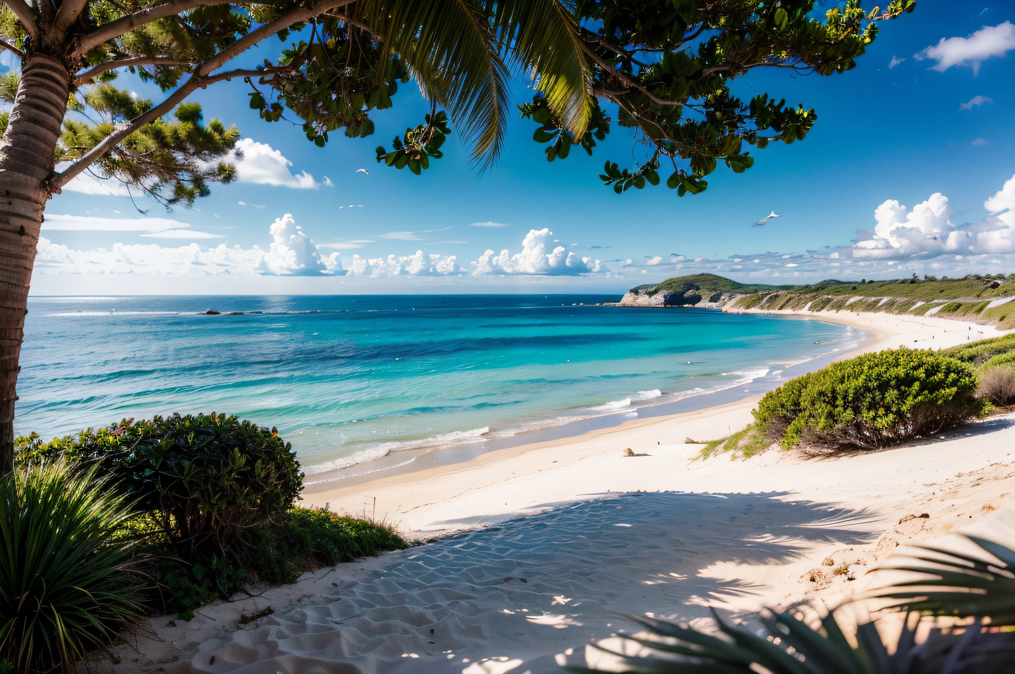(best quality,4k,8k,highres,masterpiece:1.2),ultra-detailed,(realistic,photorealistic,photo-realistic:1.37),desert island seen from above,clear blue water,sandy beach,coconut trees,bright sunny day,seagulls flying,stunning aerial view,tropical paradise,peaceful and serene,crystal clear ocean,hint of coral reefs,lush green vegetation,white fluffy clouds,turquoise hues,gentle waves lapping the shore,isolated and untouched,breathtaking landscape,natural beauty and tranquility,azure sky,endless horizons,undisturbed sand dunes,remote and secluded location,unspoiled paradise,a perfect escape,secluded retreat.