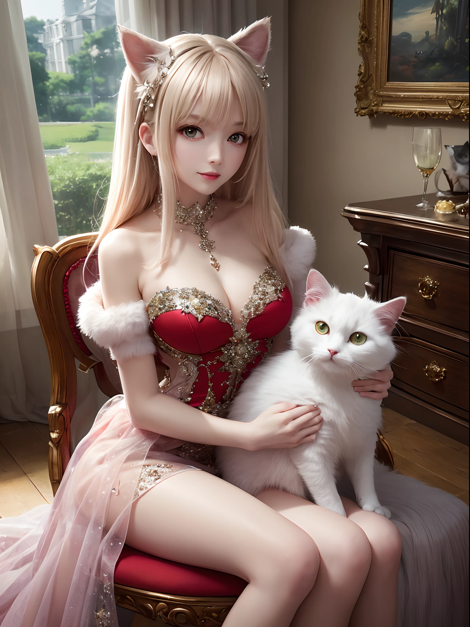 ((Finest quality)),(超A high resolution),(ultra-detailliert),((Best Anime)),sharpnes,Clair,Art with astounding depictions,Glamorous atmosphere:1.4, (dame:1.3,Glittering dresses),Sit on a chair and hold a cat to your chest