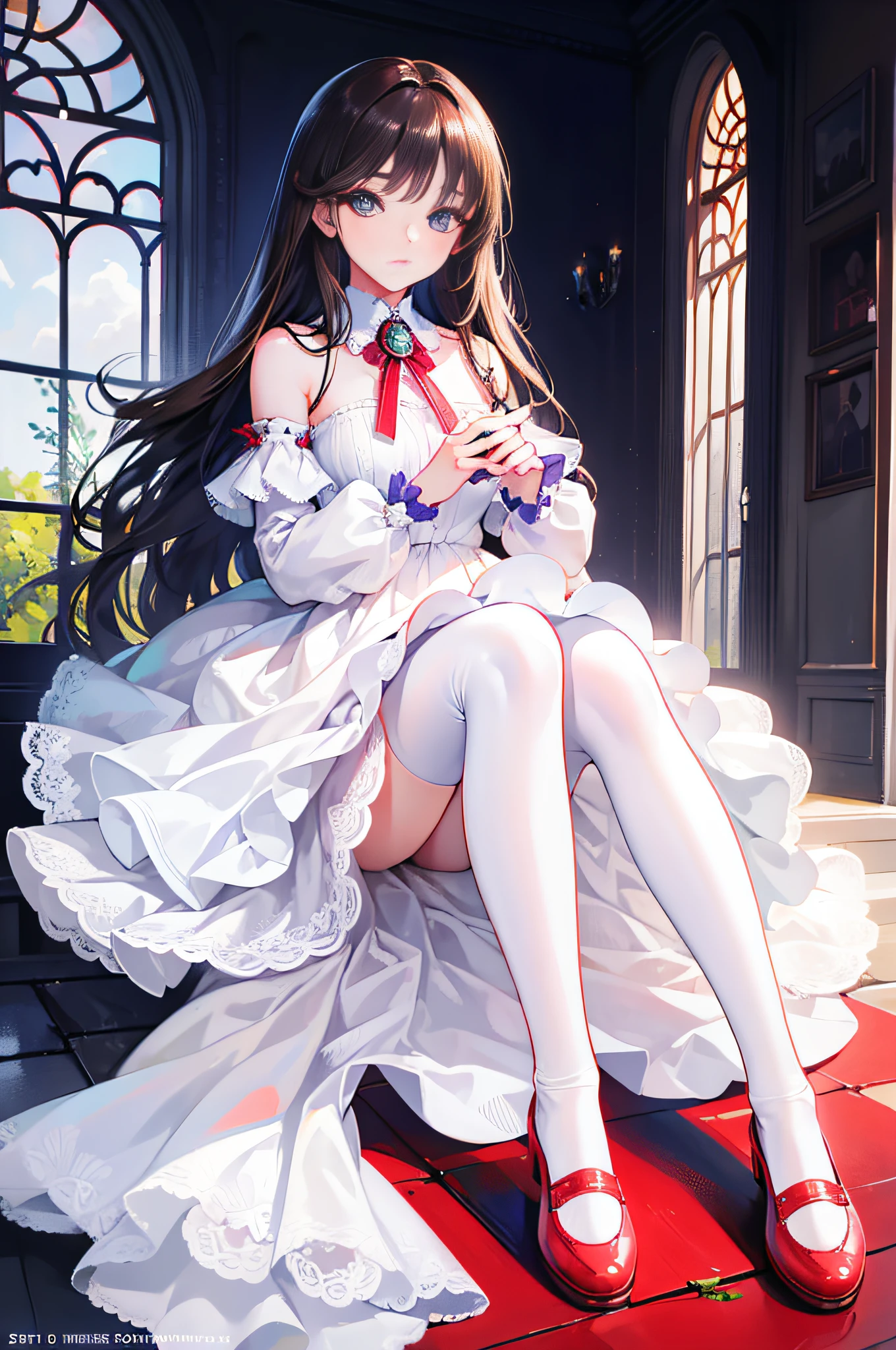 Beautiful detailed eyes,long eyelasher,beautiful detailed lips,Extremely detailed eyes and face,1girll,A high resolution,Realistic,Photography,Vivid colors,Soft lighting,Brunette hair,Shoulder-length hair,Excellent figure,White dress,White stockings,Red shoes,stands in the garden