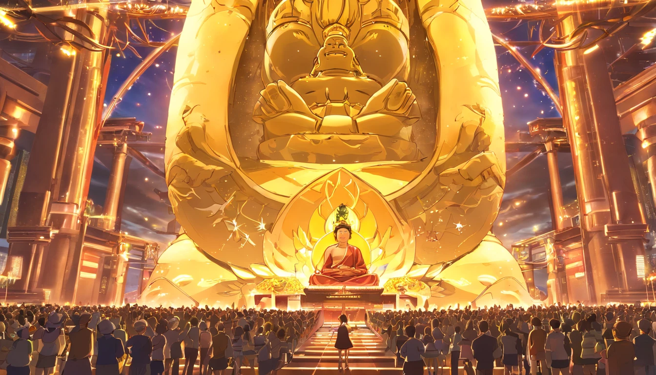 Super giant mechanical Buddha statue，Adoring crowds，Scriptures shining in the sky，In steampunk style，super-fine，8K，Works of masters，Meticulous mechanical depiction，OC renderer，Ultra photo realsisim