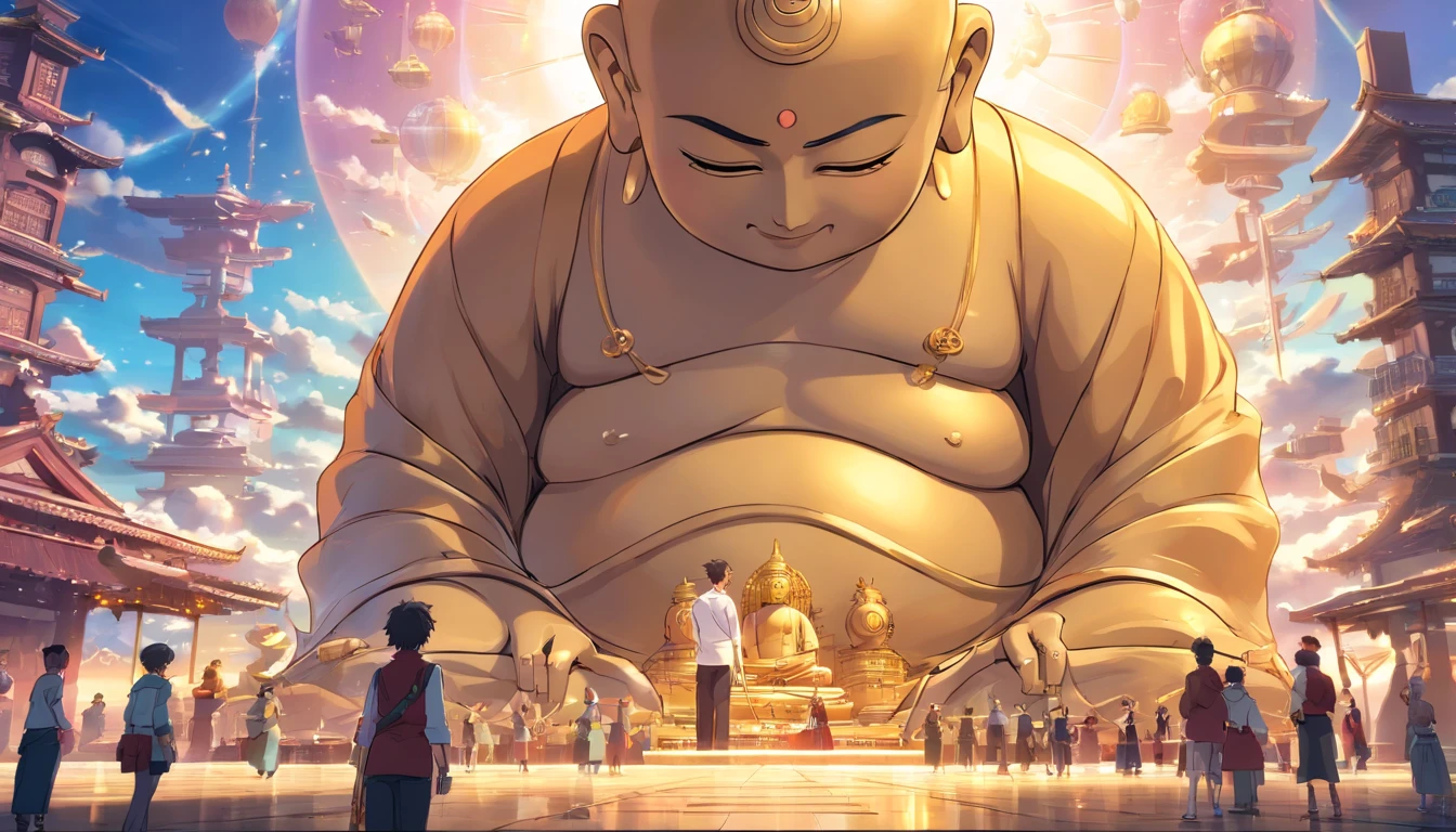Super giant mechanical Buddha statue，Adoring crowds，Scriptures shining in the sky，In steampunk style，super-fine，8K，Works of masters，Meticulous mechanical depiction，OC renderer，Ultra photo realsisim