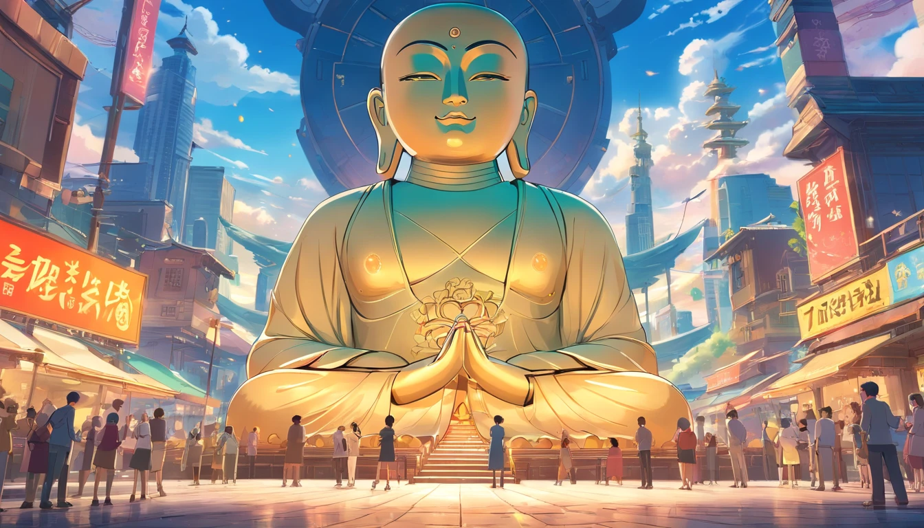 Super giant mechanical Buddha statue,Adoring crowds,Scriptures shining in the sky,In steampunk style,super-fine,8K,Works of masters,Meticulous mechanical depiction,OC renderer,Ultra photo realsisim