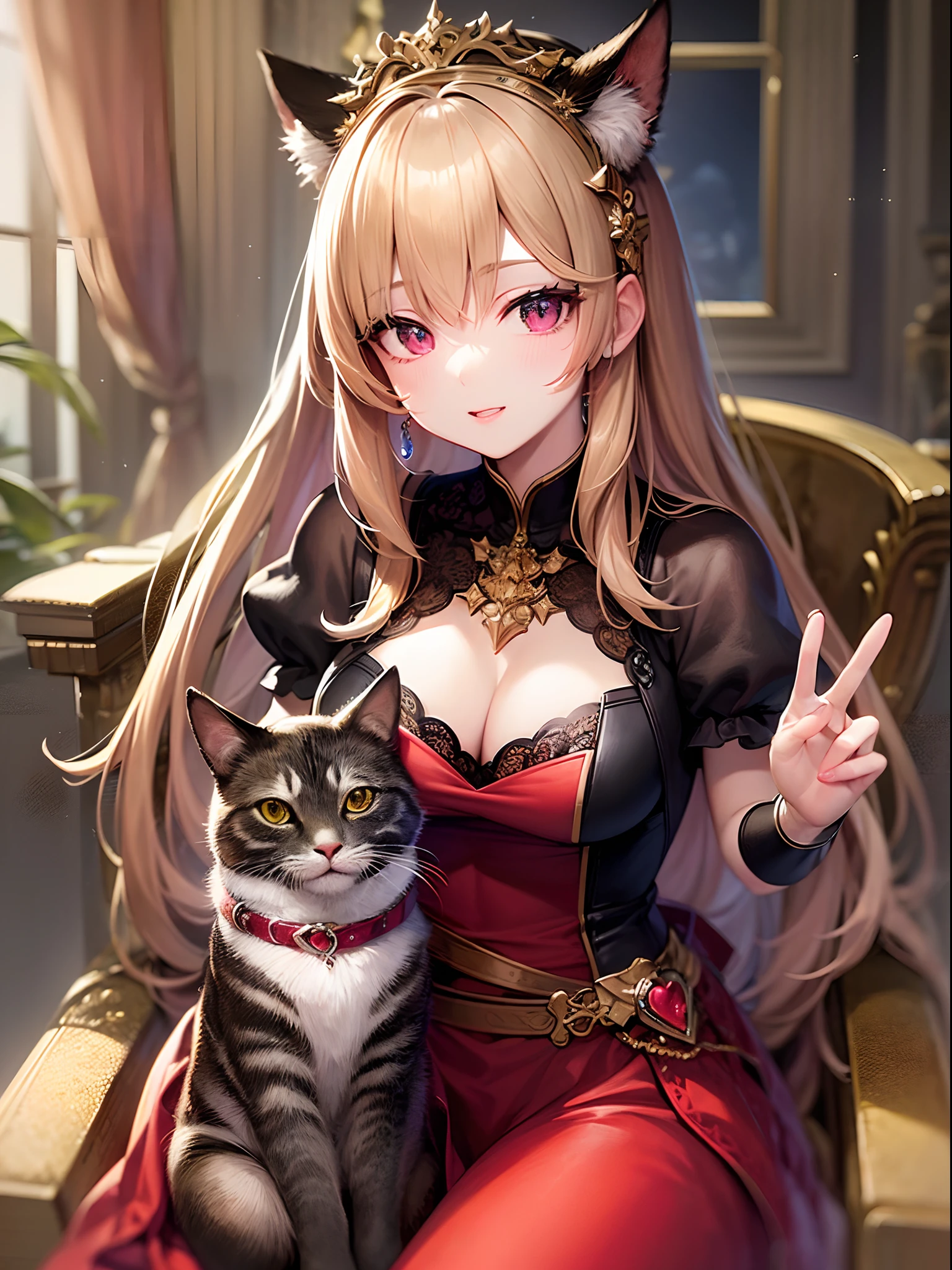 ((Finest quality)),(超A high resolution),(ultra-detailliert),((Best Anime)),sharpnes,Clair,Art with astounding depictions,Glamorous atmosphere:1.4, (dame:1.3,Glittering dresses),Sit on a chair and hold a cat to your chest