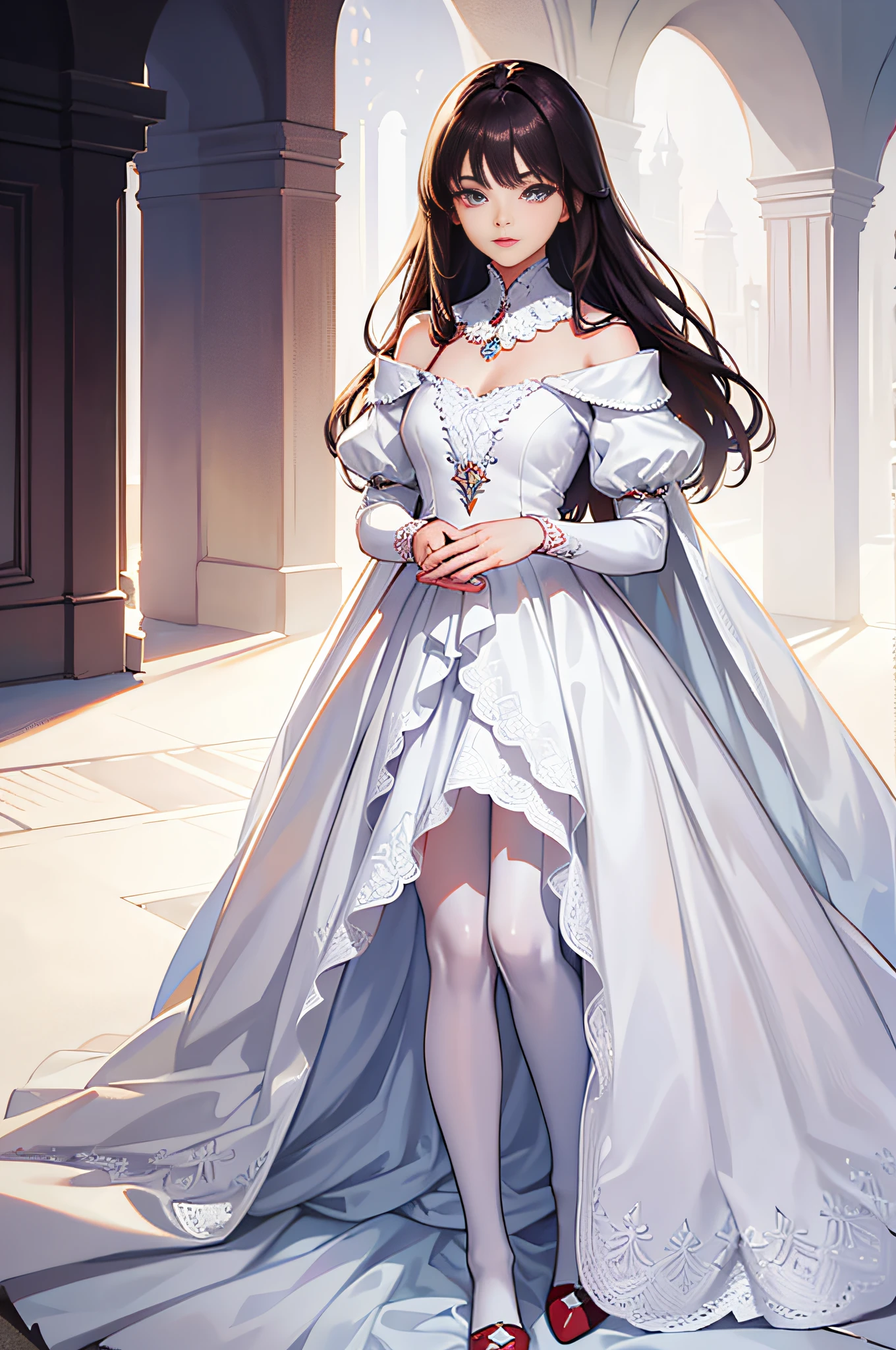 Beautiful detailed eyes,long eyelasher,beautiful detailed lips,Extremely detailed eyes and face,1girll,A high resolution,Realistic,Photography,Vivid colors,Soft lighting,Brunette hair,Shoulder-length hair,Excellent figure,White dress,White stockings,Red shoes,stands in the garden