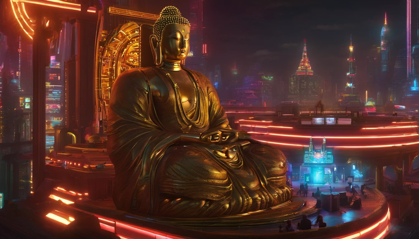 Super giant mechanical Buddha statue,Adoring crowds,In steampunk style,super-fine,8K,Works of masters,Meticulous mechanical depiction,OC renderer,