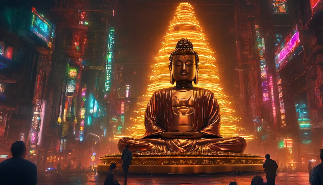 Super giant mechanical Buddha statue，Adoring crowds，In steampunk style，super-fine，8K，Works of masters，Meticulous mechanical depiction，OC renderer，