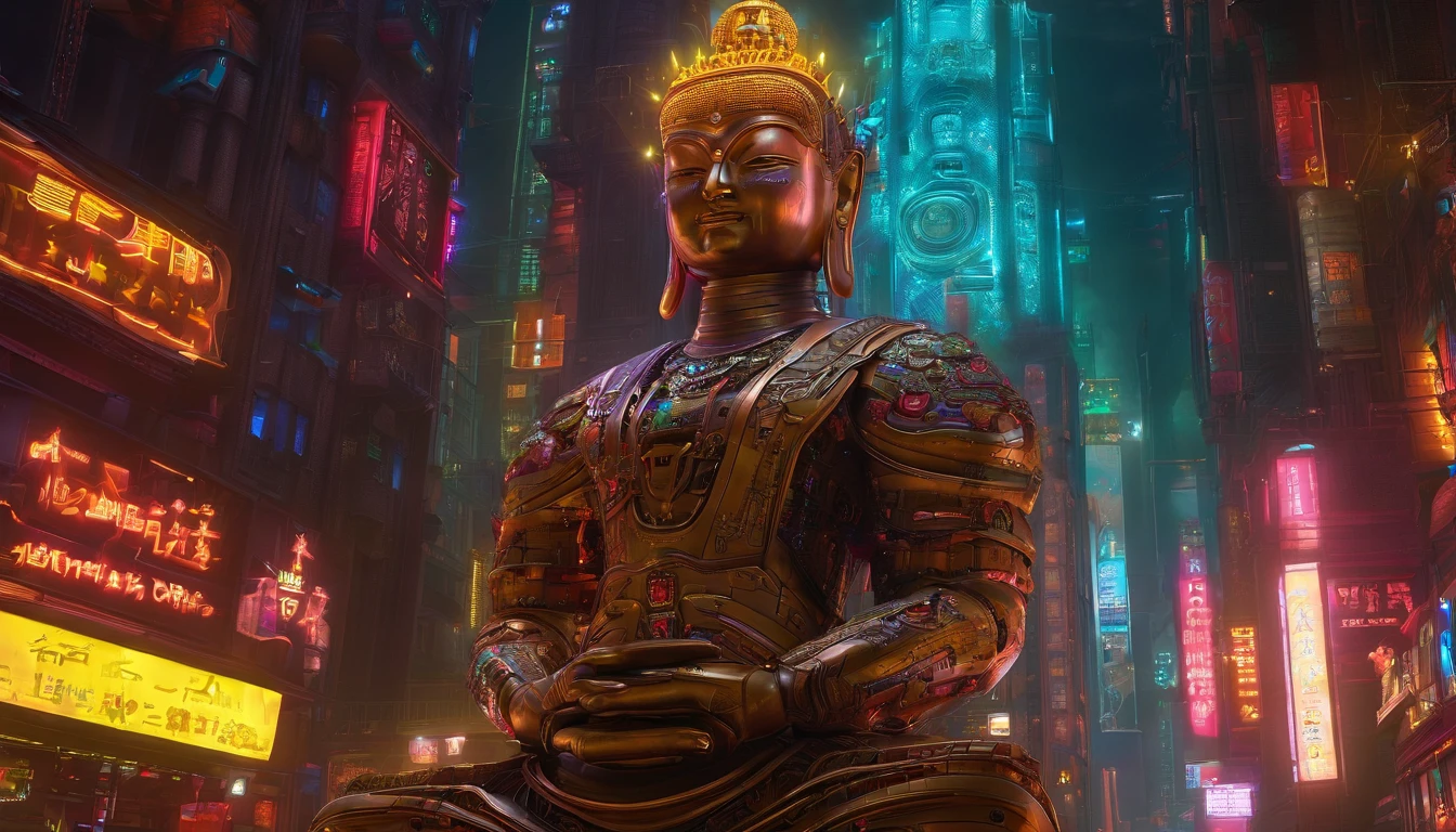 Super giant mechanical Buddha statue,Adoring crowds,In steampunk style,super-fine,8K,Works of masters,Meticulous mechanical depiction,OC renderer,