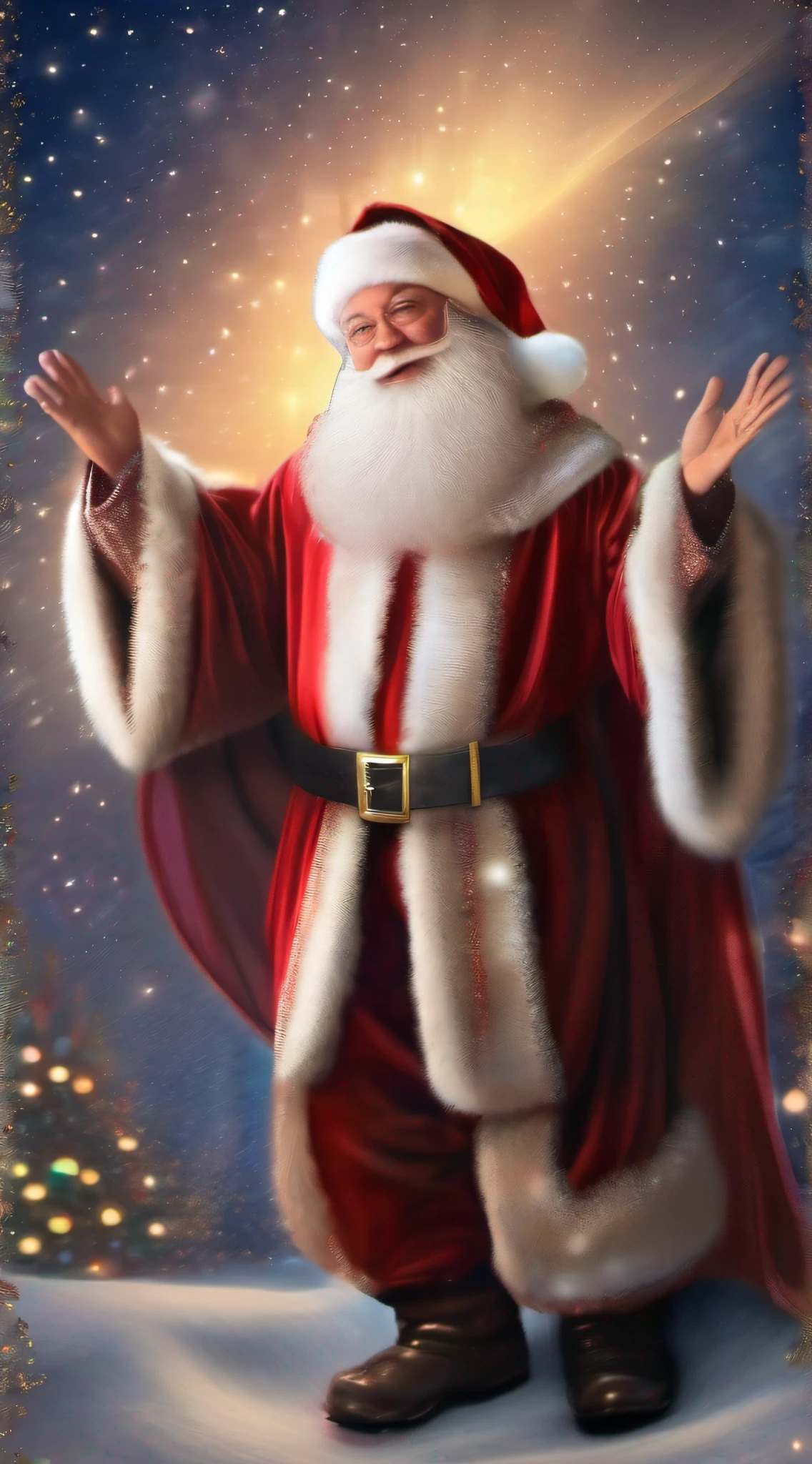 santa claus in classic robe, full body photo twinkling stars colorful