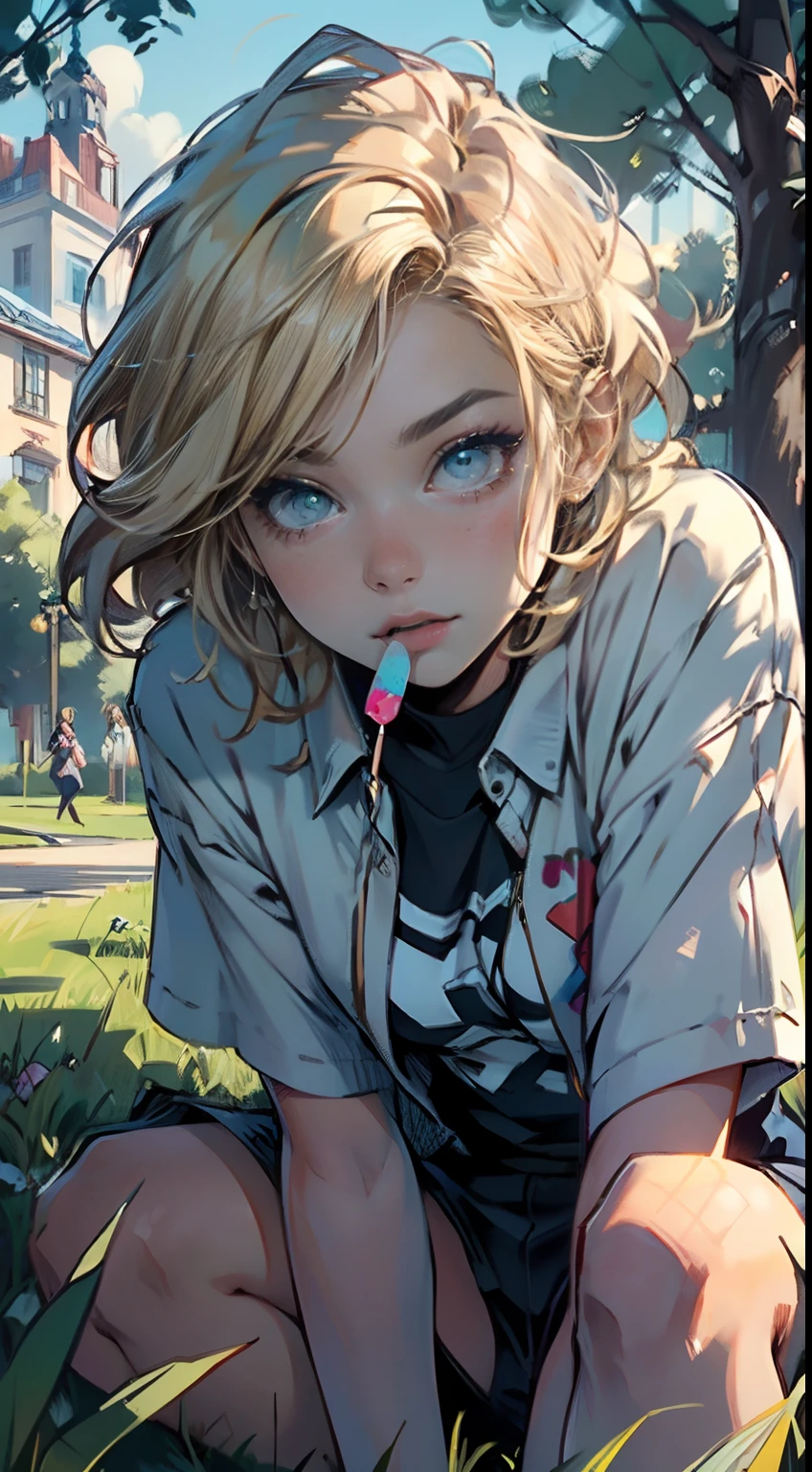 4K, high resolution, Best quality, Masterpiece, perfect colors, perfectly shaded, Perfect lighting, posted on e621, (by Jim Lee), masterpiece, digital paint, (close up, Cute girl, 20 years old, blond short hair ), sucking a lollipop, sitting in the grass in a hide park in London. 1990s \(style\),