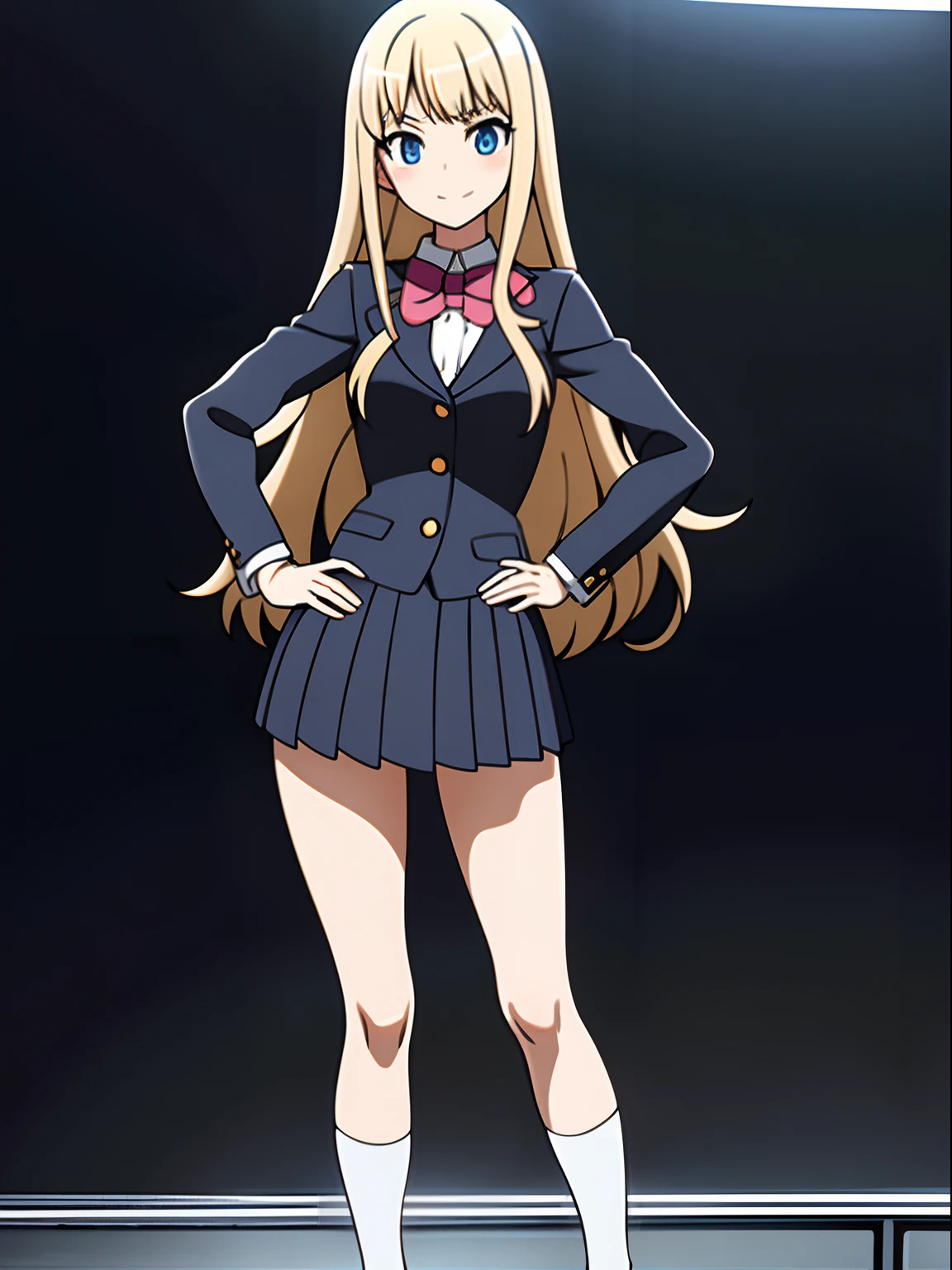 masterpiece, best quality, 1girl, high school uniform, bare legs, matching socks, matching shoes, medium breasts, stand, standing, school backdrop, hand on hip, blonde hair, long hair, solo