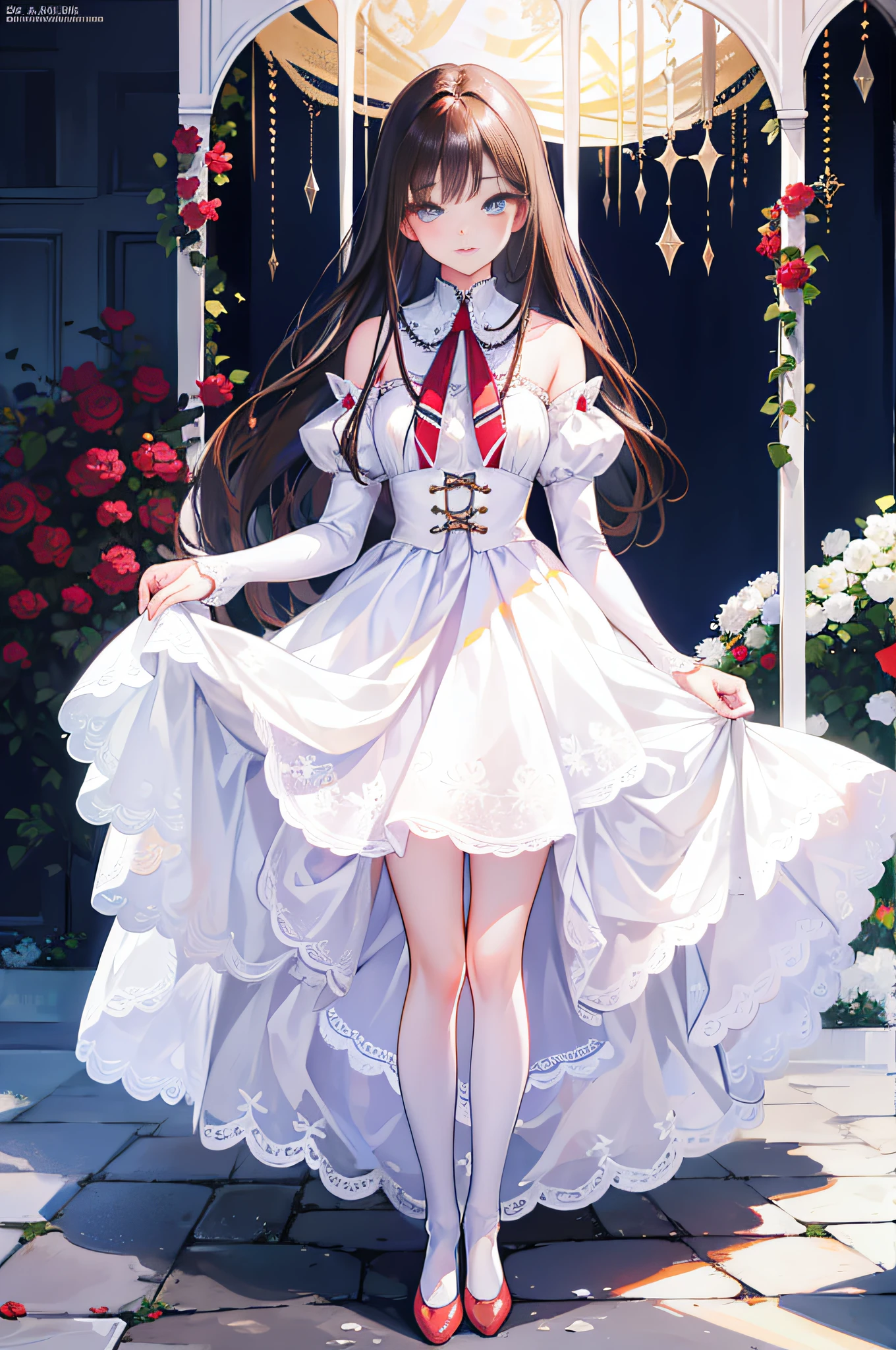 Beautiful detailed eyes,long eyelasher,beautiful detailed lips,Extremely detailed eyes and face,1girll,A high resolution,Realistic,Photography,Vivid colors,Soft lighting,Brunette hair,Shoulder-length hair,Excellent figure,White dress,White stockings,Red shoes,stands in the garden