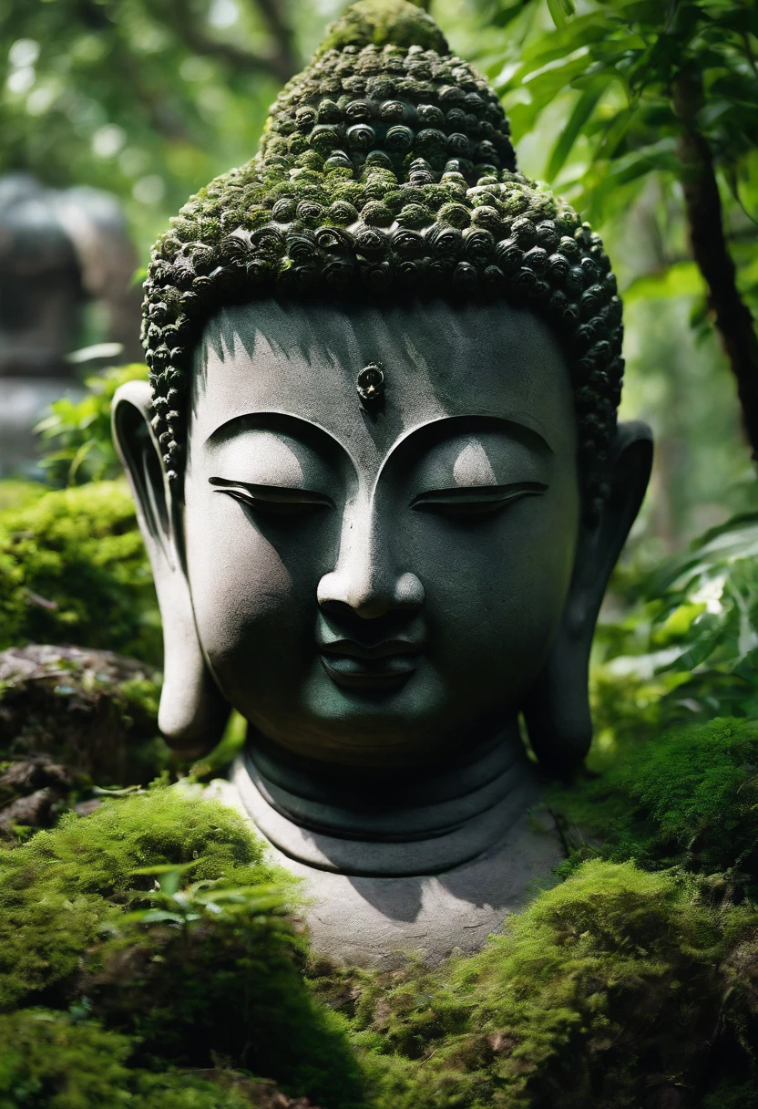Stone Buddha statue obscured by vegetation,The head of the Buddha looms。Moss is one with nature,illumination。。.。.。.3D,Solid。A small animal