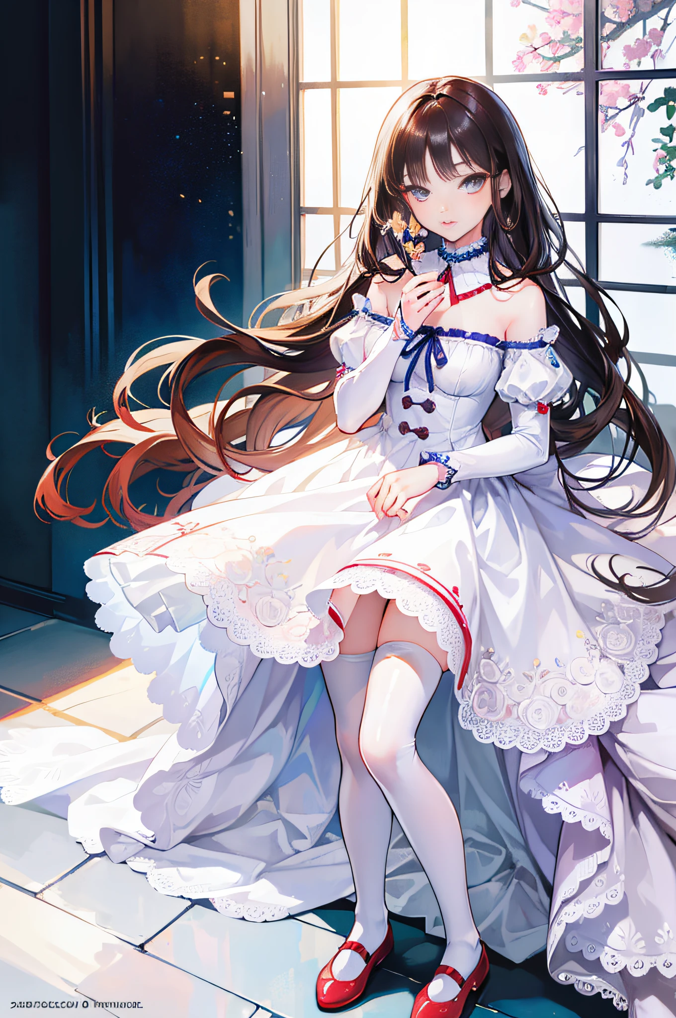 Beautiful detailed eyes,long eyelasher,beautiful detailed lips,Extremely detailed eyes and face,1girll,A high resolution,Realistic,Photography,Vivid colors,Soft lighting,Brunette hair,Shoulder-length hair,Excellent figure,White dress,White stockings,Red shoes,stands in the garden