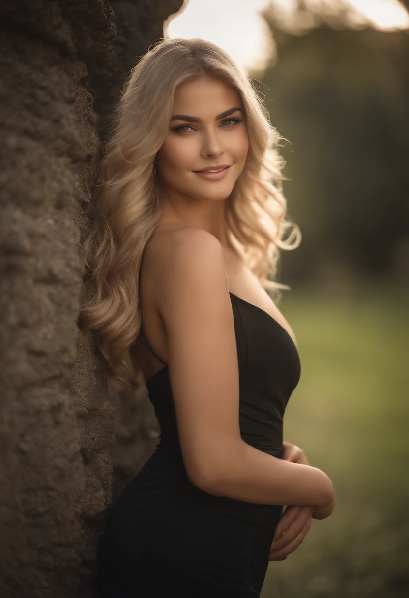 professional, (4k photo:1.1) by (Jeremy Lipking:0.3), (Dittmann Anna:0.3), (Arian Mark:0.3), (Sharp focus:1.3), high detail, beautiful detailed face, hazel eyes, long blonde hair, (attractive young woman:1.3), (seductive:1.1), (blushing:1.1), hourglass body shape, large round big breasts, wide thicc hips, blonde goddess, tight outfit, tight attire, smiling seductively, pretty face, perfect white haired girl, satisfied pose, cute seductive smile, beautiful blonde girl, good young girl, beautiful angle, attractive pose, cute girl, sexy pose, a gorgeous blonde, full body picture, full body, full body shoot, araffe woman in a long sleeved dress standing in a yard, revealing stylish dress, nina agdal, low cut dress, by Gabriel Ba, by derek zabrocki, wearing orange sundress, covered in coral, sexy dress, alana fletcher, sexy red dress, by Milton Menasco, by Sebastian Vrancx, full length view, skintight dress