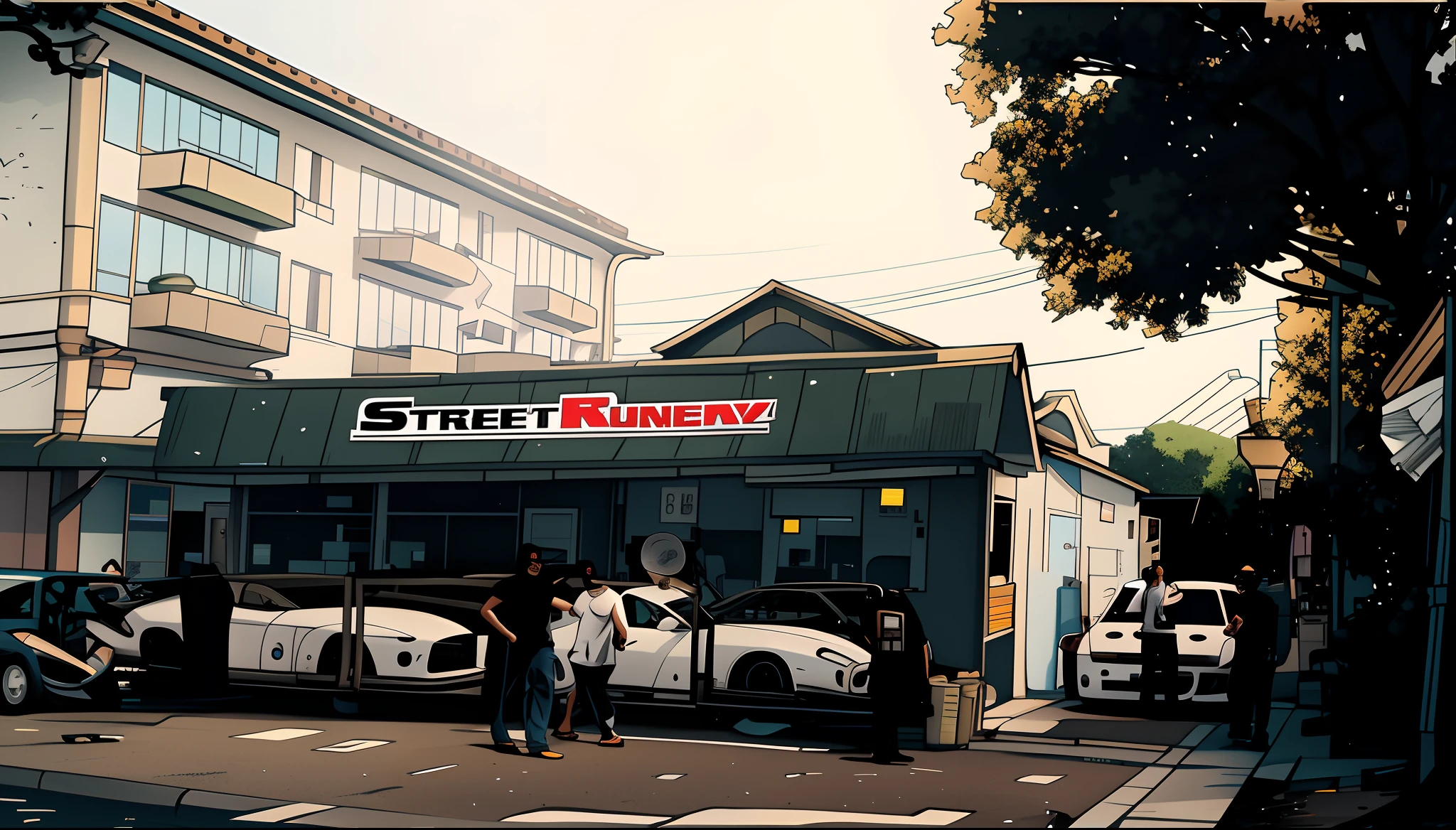 there are two cars parked in front of a store on the street, street background, in front of ramen shop, japanese street, rob rey and kentaro miura style, in style of digital illustration, style of gta v artworks, set in tokyo bank parking lot, tokyo anime scene, made with anime painter studio, anime style mixed with fujifilm