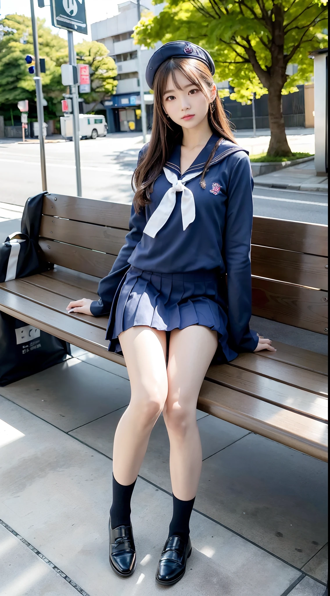 1 girl、((sailor suit))、uniform、bustling street、sit on the stairs、spread legs、Wedgie、（Spread your legs apart）、( small breasts)、（small breasts）、 (best quality: 1.1)、(highly detailed skin), (ultra high resolution:1.0) ,(realistic photo:1.0), (Super detailed:1.0), (8K, Raw photo:1.1)