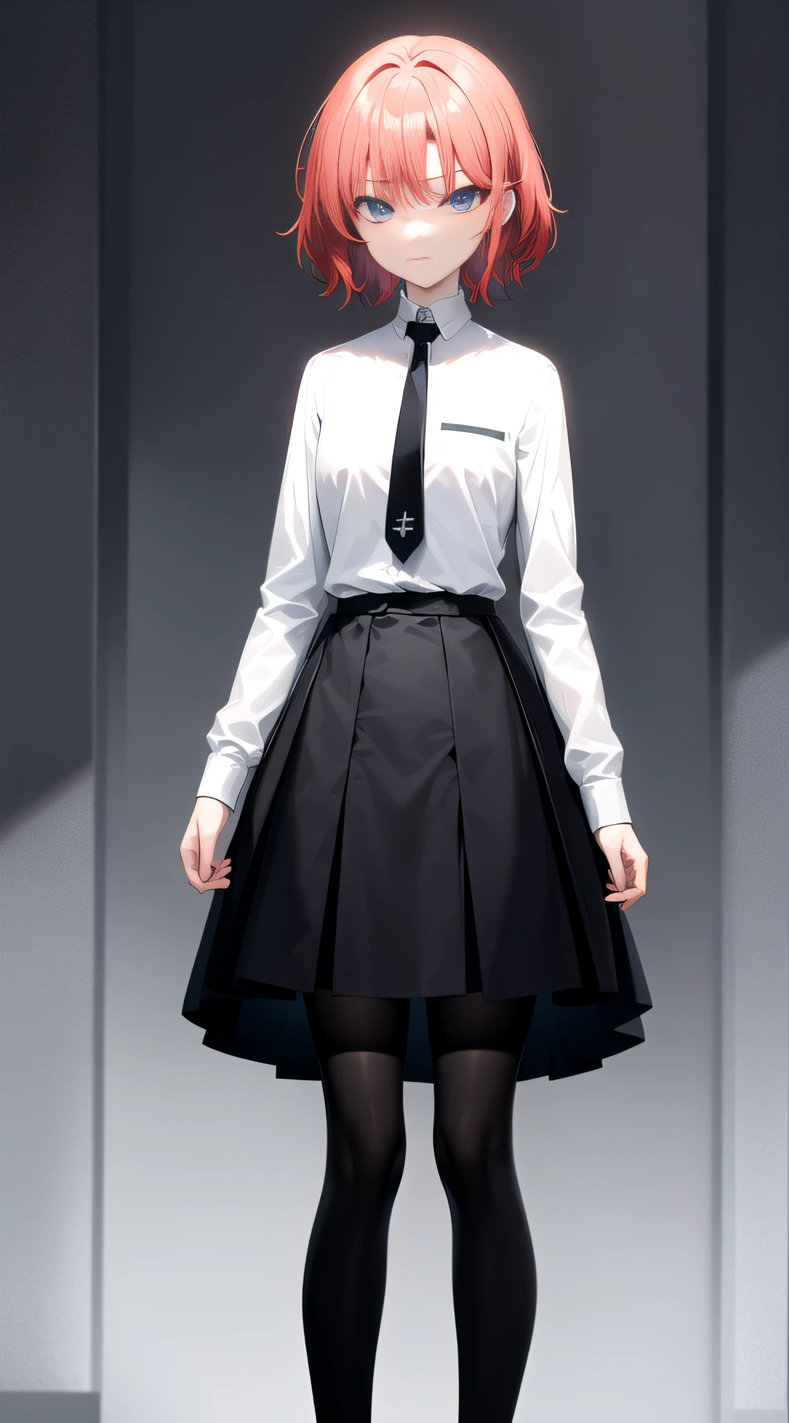 1girll;Short fiery red hair;messy hair style;Azuka blue eyes;Serious expressions;White shirt;grey necktie;black cloaths;Medium build;Black over-the-knee tights;Black flats;standing;Good light;Vacant land;