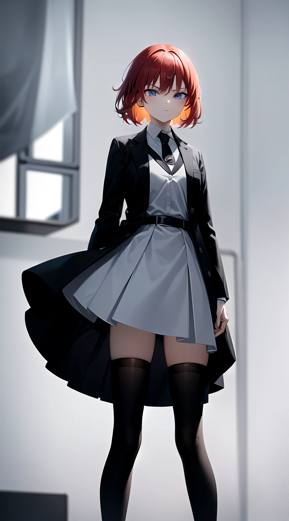 1girll;Short fiery red hair;messy hair style;Azuka blue eyes;Serious expressions;White shirt;grey necktie;black cloaths;Medium build;Black over-the-knee tights;Black flats;standing;Good light;Vacant land;