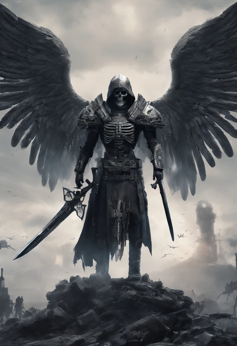 realistic, 4k, an angel + Skeleton king with intricate details, showcasing detailed info items and skill images with dynamic effects + with big wings, a sword, a hood over his head in the background image of a war (chaos)