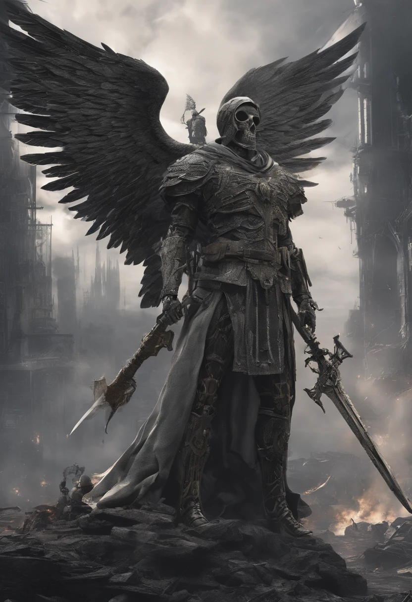 realistic, 4k, an angel + Skeleton king with intricate details, showcasing detailed info items and skill images with dynamic effects + with big wings, a sword, a hood over his head in the background image of a war (chaos)