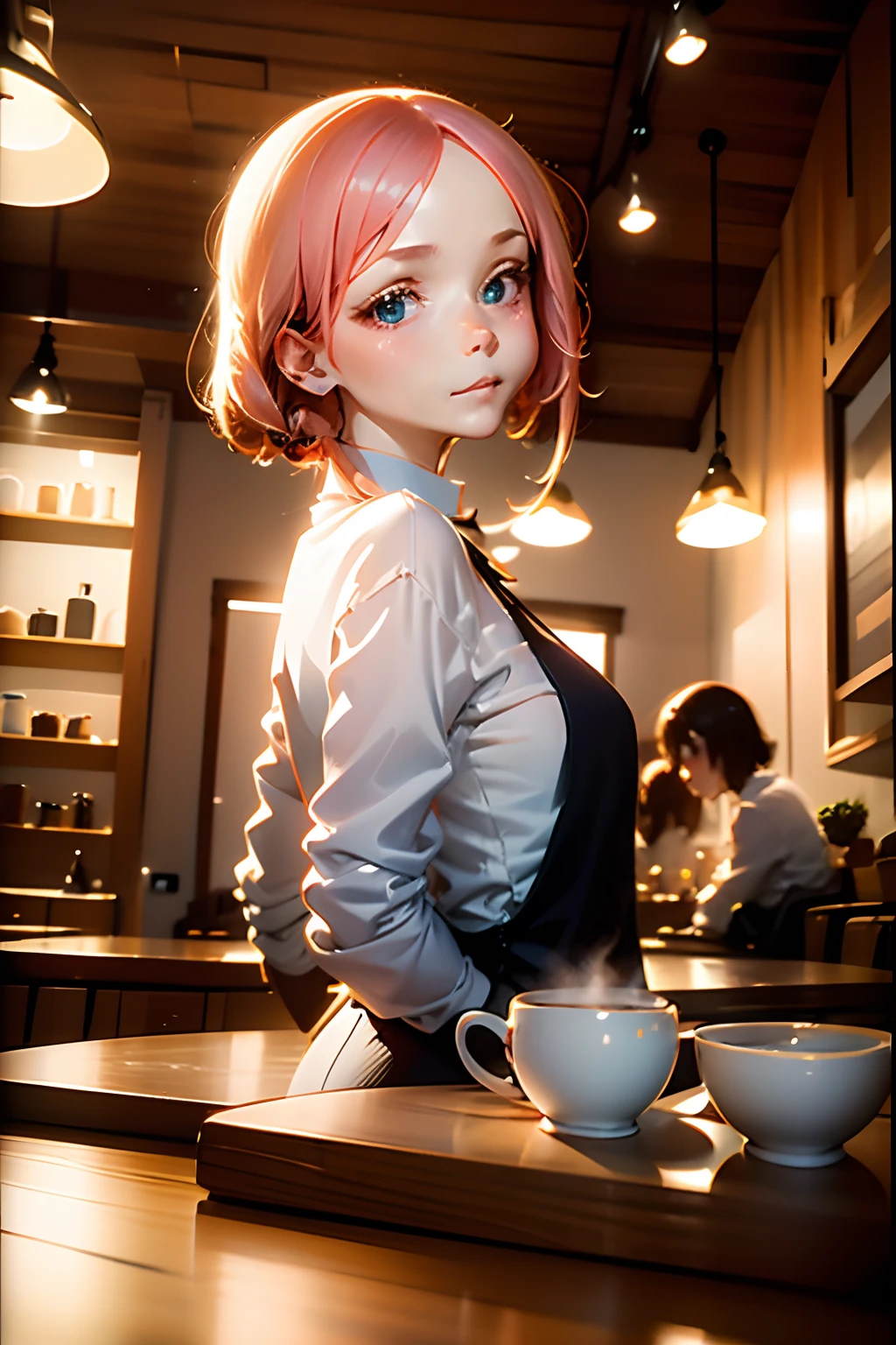 (masutepiece), Best Quality, Ultra-detailed,girl with,White Business Shirt、bionde、small nose、blurry backround、Quaint coffee shop、In the dimly lit chamber、Warm lighting