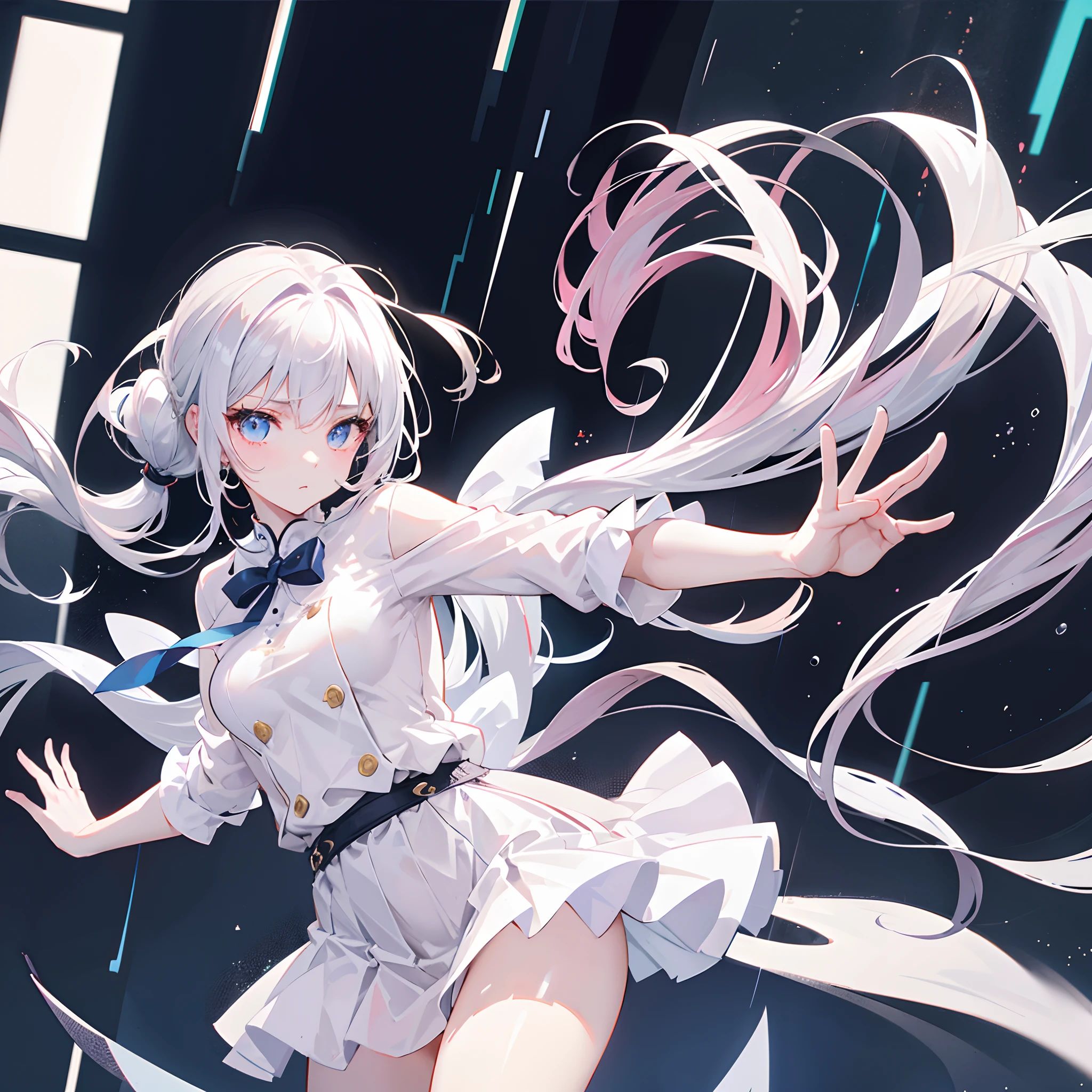 Portrait of a girl with long silver hair、Sleeveless, High collar white button front shirt、Large ribbon、Dark blue large cameo with golden border and white female silhouette、Navy blue high waist flared miniskirt with bustier、Underskirt full of white lace、White socks above the knee、Bursting smile、Redness of the cheeks