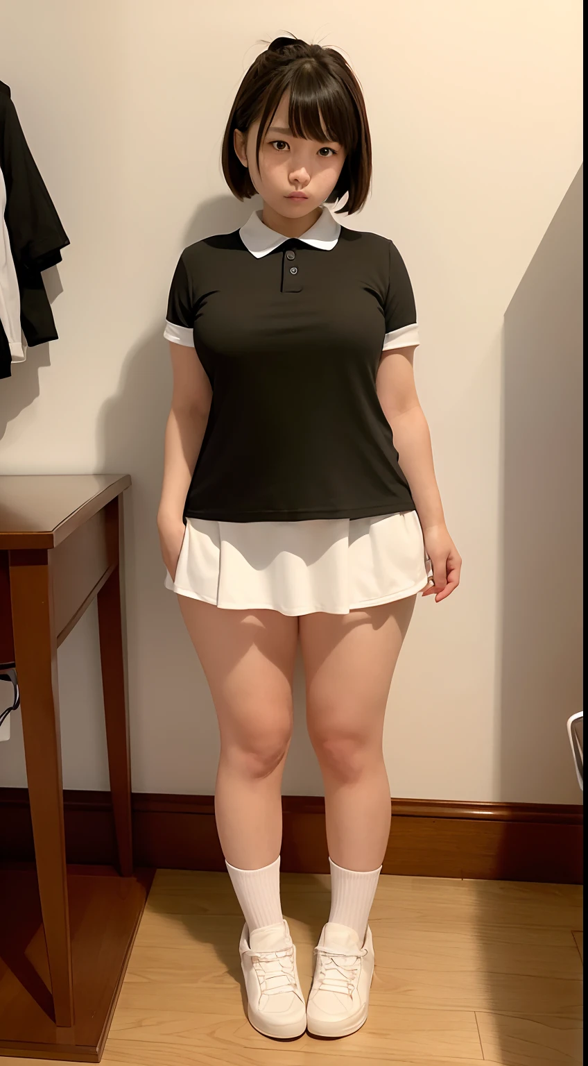 Japan Girl、Realistic image, Image of Tsukishima Shizuku、hight resolution、a 、１２About age、chubby figure、summer vacation、Sweating、hair tie、bobhair、breasts are very large、 Clothes are tight、Body shape comes out、a beauty girl、Full-body image、summer clothing、Red short-sleeved shirt、The collar is white、The skirt is very short、The size of the clothes is very small and tight、tight-fitting clothing that clearly shows the shape of the chest、The skirt is very short、Feet in white socks、Shoes are sneakers、Mid summer、Sweating、I'm in an antique shop、It's dim inside......、Inside the antique、Cat figurine in a tuxedo、The gaze stares at the figurine、The cat's name is Barron、Staring at a cat figurine、