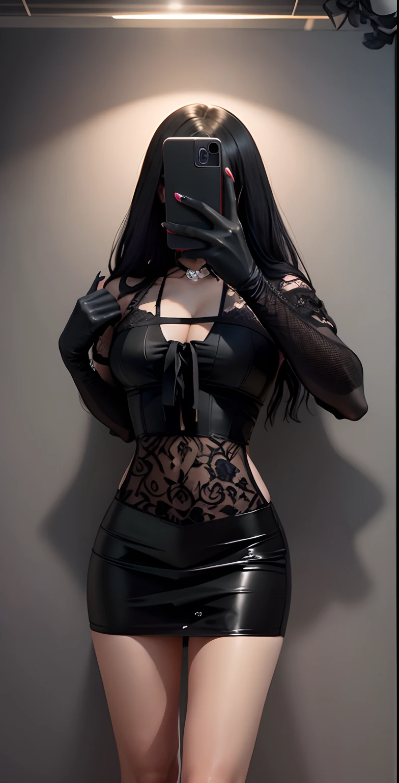 Close-up of a woman taking a selfie in a black dress, Sexy dress, laced dress, very sexy outfit, cruel korean goth girl, Sexy outfit, Black lace, Sexy look, intriguing outfit, lacey, intricate outfits, revealing outfit, gothic clothing, she wears a black dress, Dressed in black lace, wearing a gothic dress