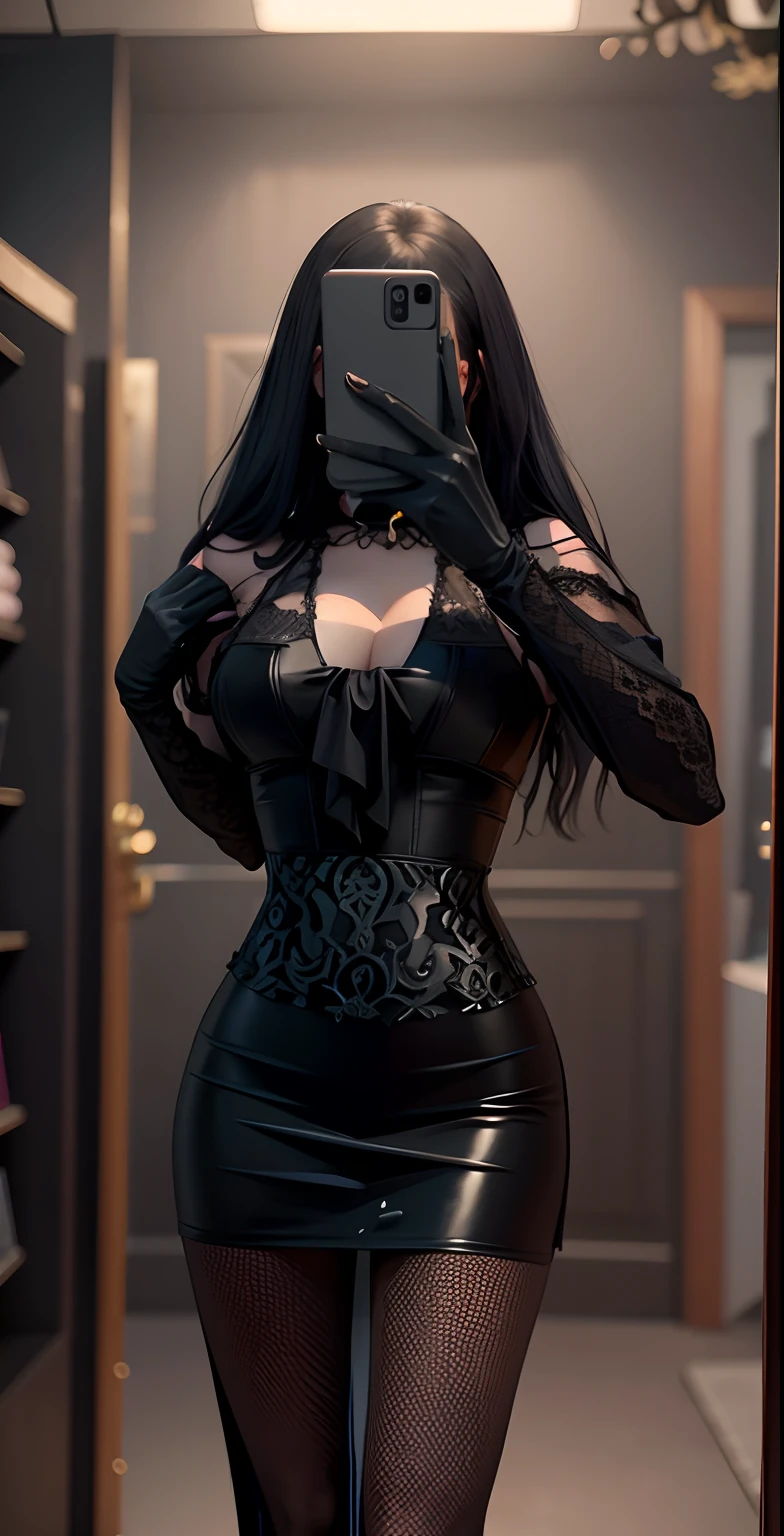 Close-up of a woman taking a selfie in a black dress, Sexy dress, laced dress, very sexy outfit, cruel korean goth girl, Sexy outfit, Black lace, Sexy look, intriguing outfit, lacey, intricate outfits, revealing outfit, gothic clothing, she wears a black dress, Dressed in black lace, wearing a gothic dress