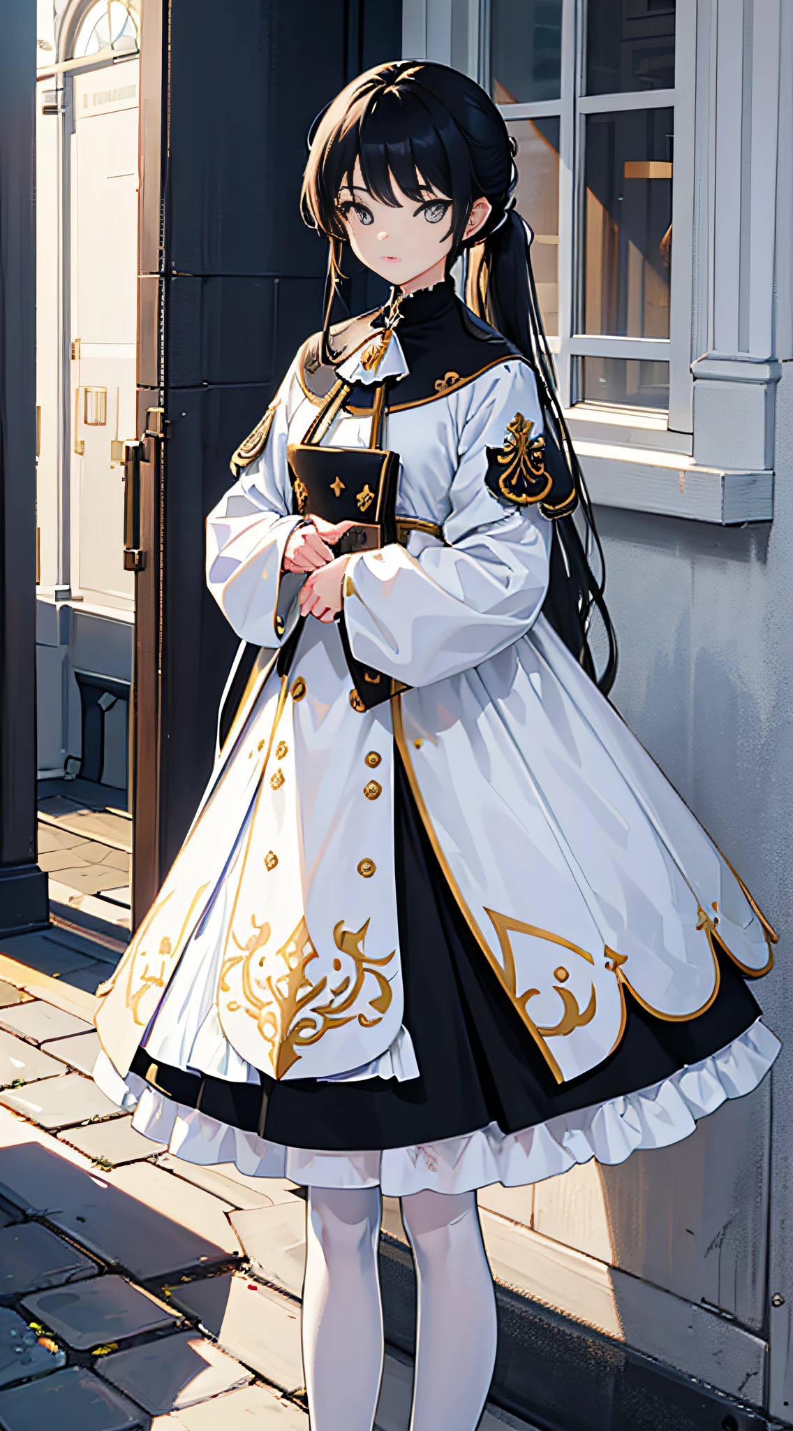(Best quality,4K,Ultra-detailed,Photorealistic:1.2),A girl with long black hair and black eyes. her hair cascading down her back, Tied into a ponytail. She had a serious expression, Brows furrowed slightly. She wears a white suit, White stockings, and light yellow ankle boots, Stand alone on the playground. Her face is intricately detailed, Has unique and charming eyes. The whole body is captured in the frame, Highlight her posture and confident posture.
