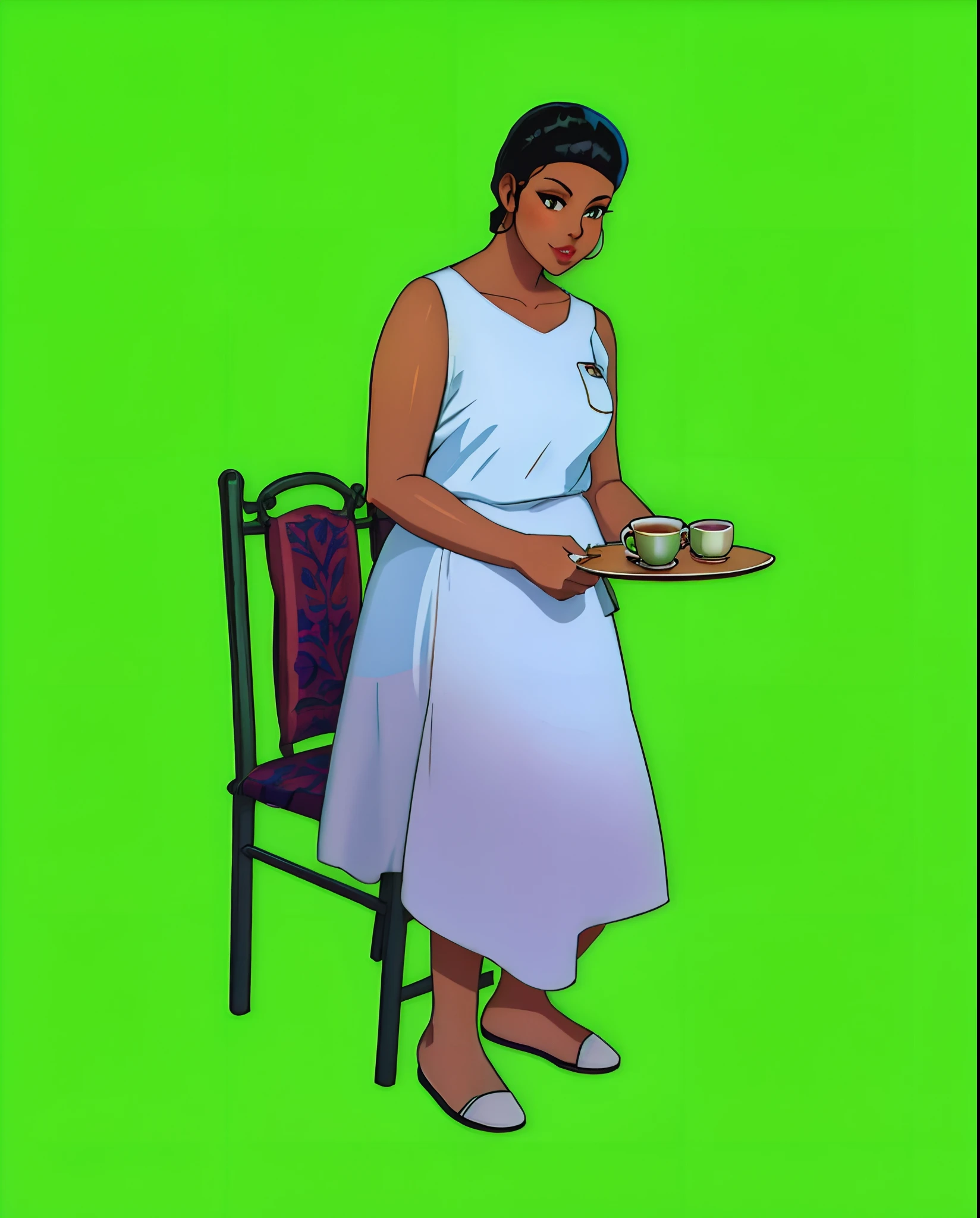 turn this photo to cartoon style, black woman with a tea tray in hand