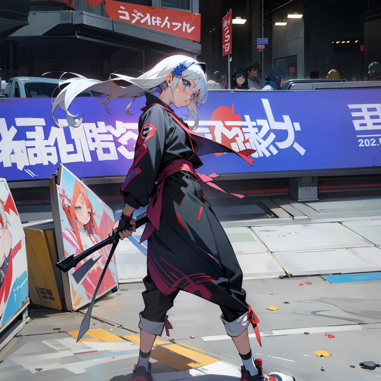 Anime character walking on a street with a sword in his hand - SeaArt AI