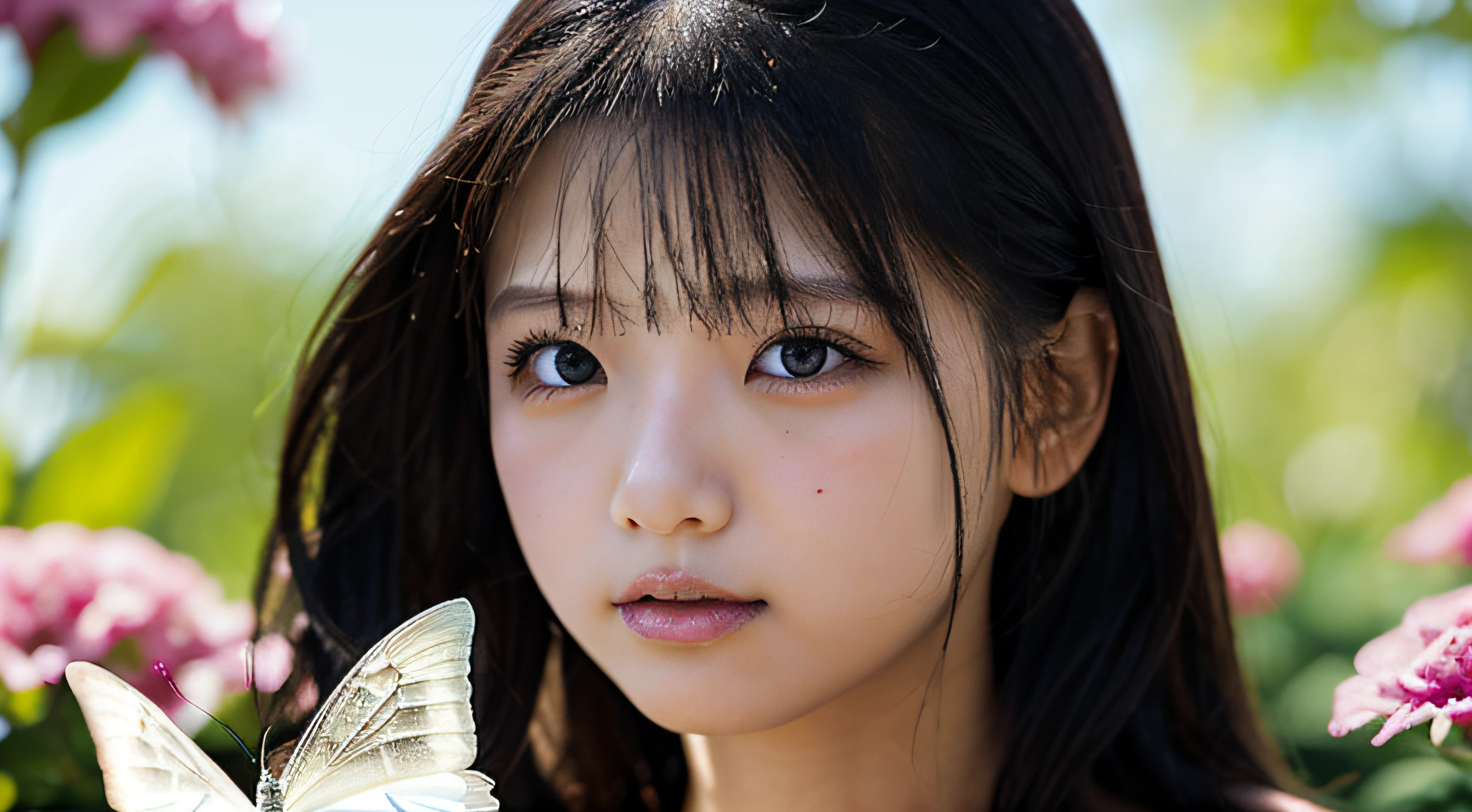 detail, Realism, 8K, 18-year-old girl, NSFW,Navel,Naked,Face Detail, Large black eyes, Plump lips, Upturned nose, Pink strands and black hair, , Flowers in the background, White butterfly in the foreground, Realistic shooting, depth of fields, Soft forelight, Glow, nffsw (Muted colors: 1.2), Canon RF 100mm f2.8L macro is USM