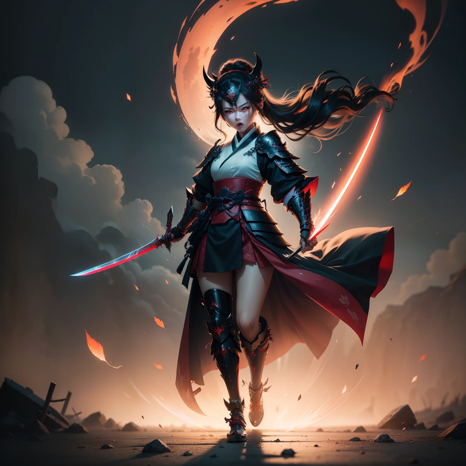 A woman in a red cape and black outfit holding a sword - SeaArt AI