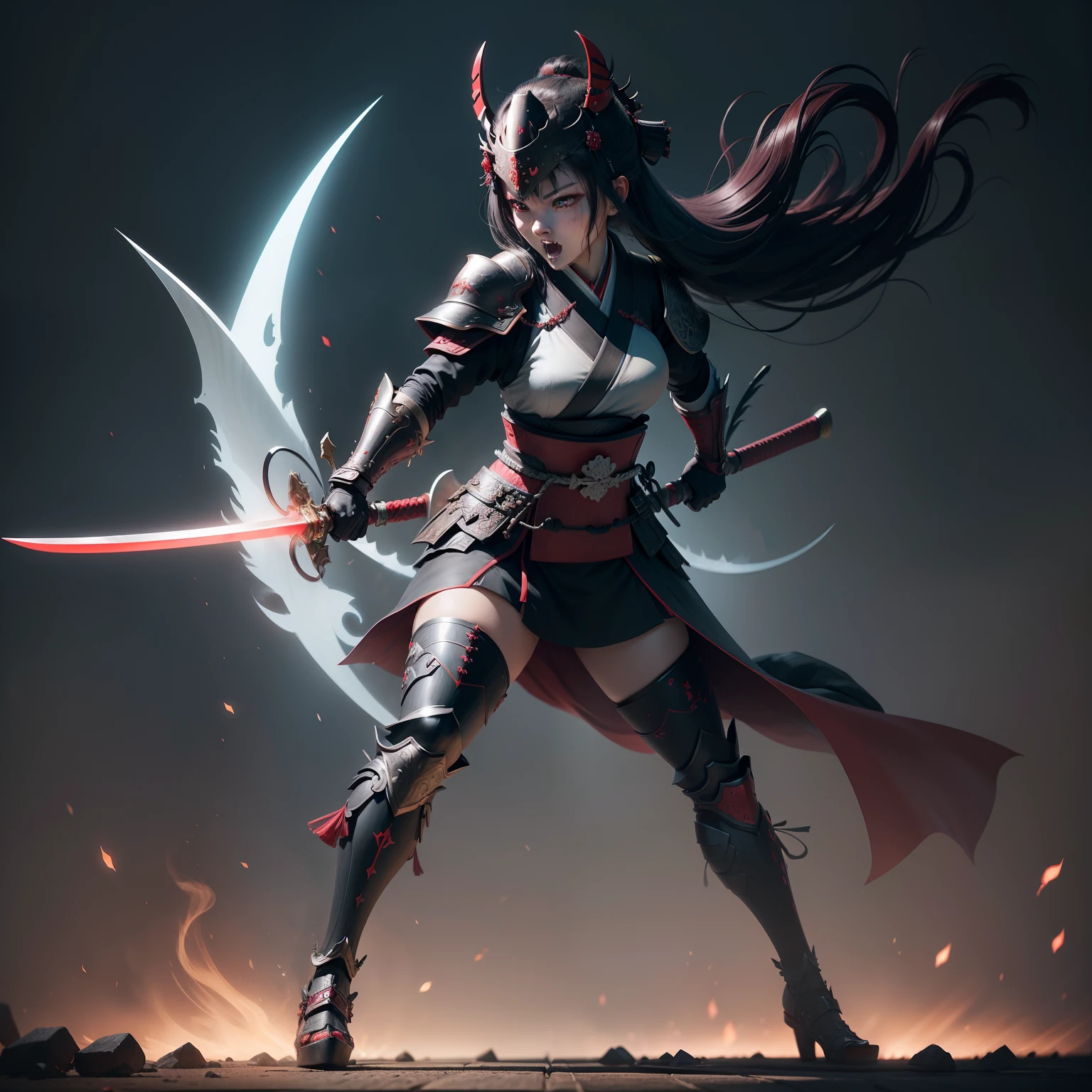 Illustration of a female samurai in Japan armor、A devil that combines creepiness and beauty、Atrocious、cruel、offensive、brutality、ruthless look、She wears a respectable helmet、Her hair is fluttering in the wind、Black conjunctiva and glowing red eyes、Blue skin、barking with open mouth、She is an excellent swordsmanship user、She holds a sword with a powerful blade that glows red、It expresses brutality and martial beauty、Night Battlefield、(Full body:1.5)