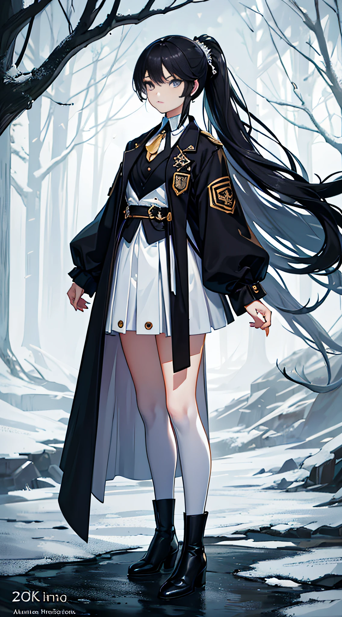 (Best quality,4K,Ultra-detailed,Photorealistic:1.2),A girl with long black hair and black eyes. her hair cascading down her back, Tied into a ponytail. She had a serious expression, Brows furrowed slightly. She wears a white suit, White stockings, and light yellow ankle boots, Stand alone on the playground. Her face is intricately detailed, Has unique and charming eyes. The whole body is captured in the frame, Highlight her posture and confident posture.