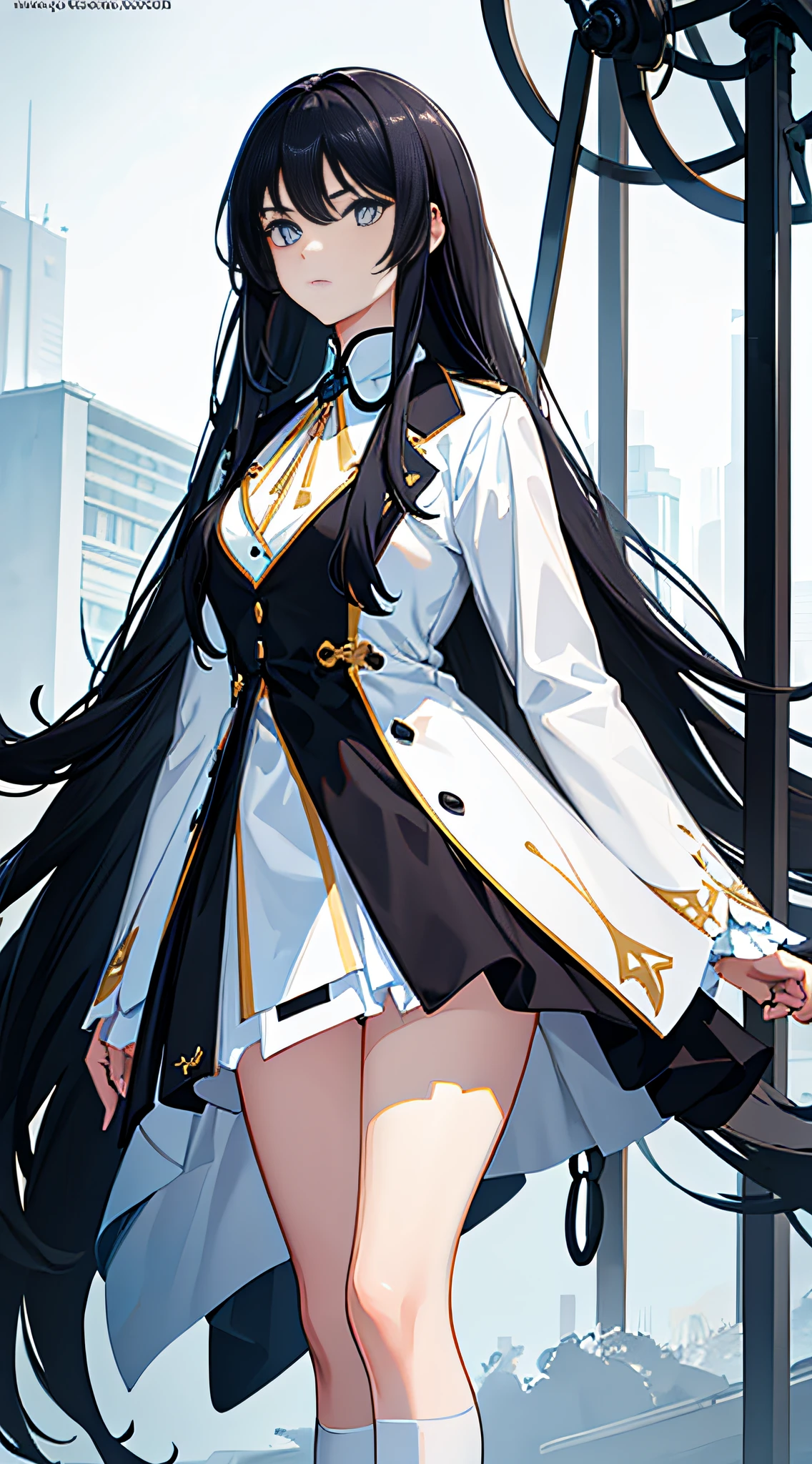 (Best quality,4K,Ultra-detailed,Photorealistic:1.2),A girl with long black hair and black eyes. her hair cascading down her back, Tied into a ponytail. She had a serious expression, Brows furrowed slightly. She wears a white suit, White stockings, and light yellow ankle boots, Stand alone on the playground. Her face is intricately detailed, Has unique and charming eyes. The whole body is captured in the frame, Highlight her posture and confident posture.