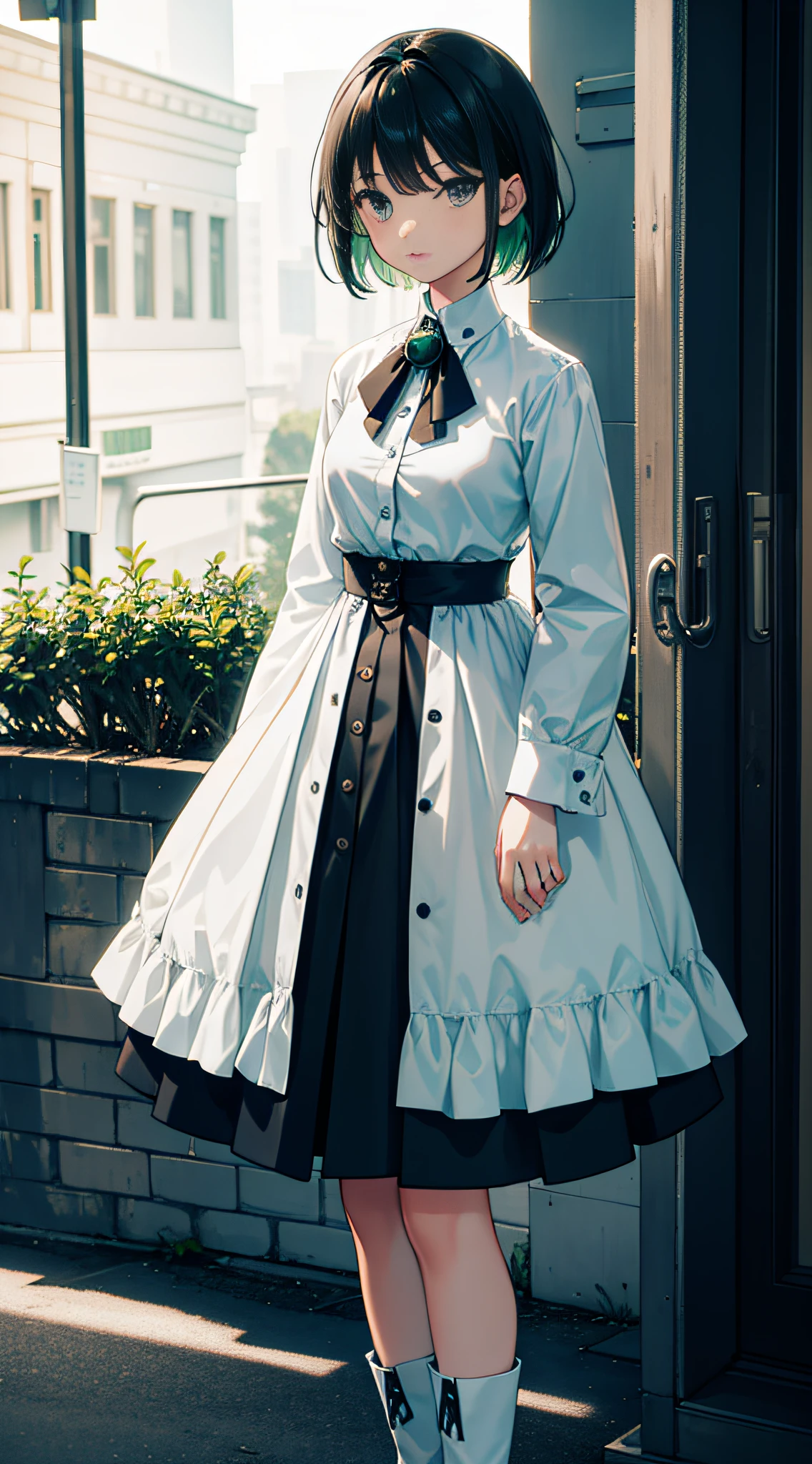 A girl with short hair, Black eyes, and messy light green hair. Her expression was gentle,A surprised expression appeared on his face. She is petite,Young appearance. She wore a white shirt and blue and white boots. The artwork is of the best quality, 4K or 8K resolution, Considered a masterpiece. The girl's facial features are rich in detail, And the scene is panorama, Capture the essence of the moment.