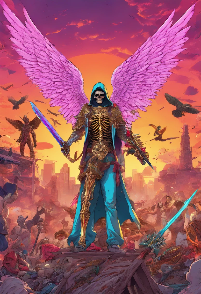 realistic, 4k, an angel + Skeleton king with intricate details, showcasing detailed info items and skill images with dynamic effects + with big wings, a sword, a hood over his head in the background image of a war (chaos)
