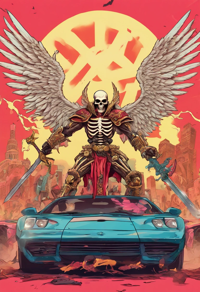 realistic, 4k, an angel + Skeleton king with intricate details, showcasing detailed info items and skill images with dynamic effects + with big wings, a sword, a hood over his head in the background image of a war (chaos)