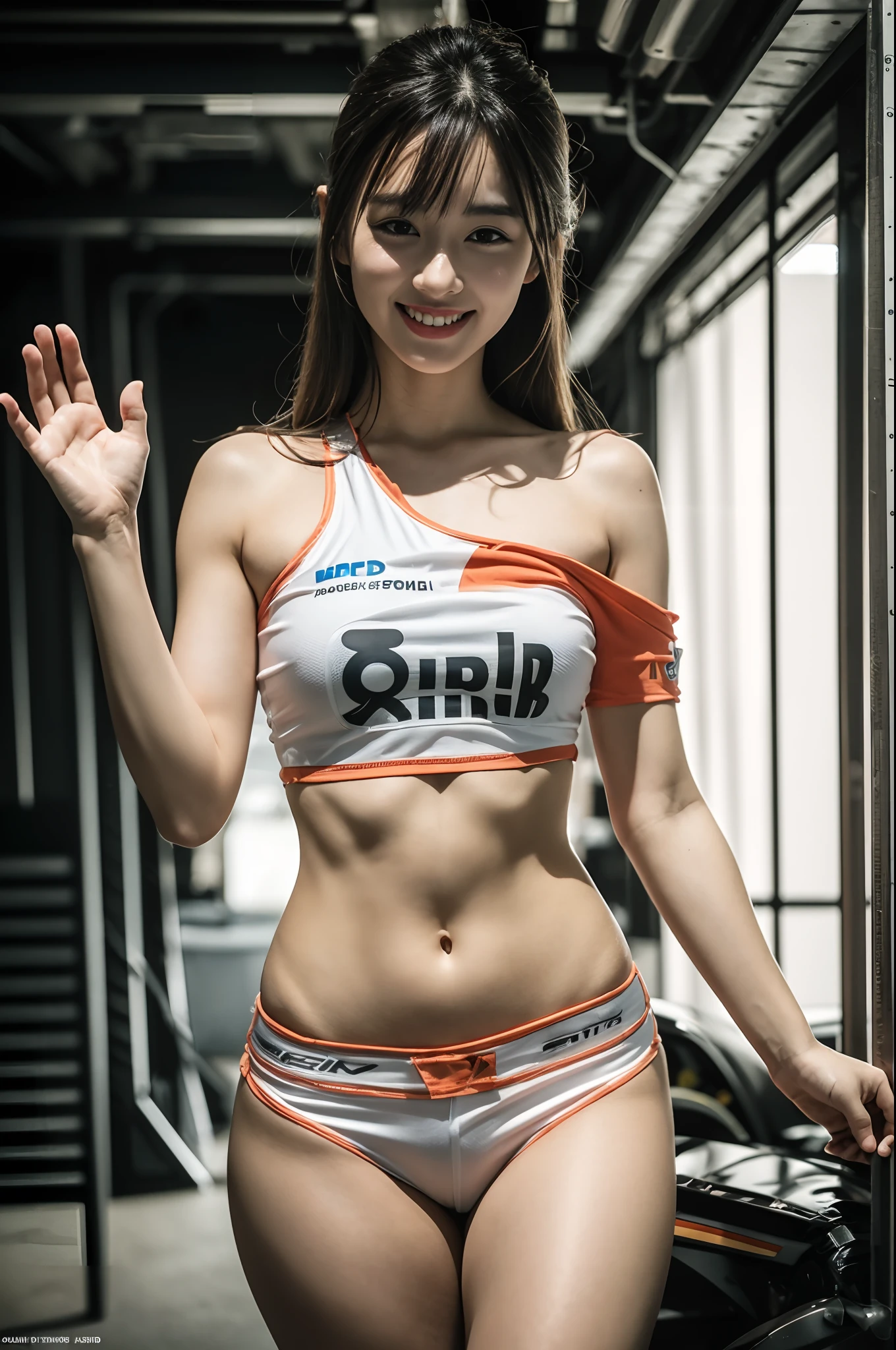 (((one shoulder gridgirl costume))),(((waving))),(((midriff peek))),(((show underboob ))),(((bare inner thigh))),(((show Formula One car))),ulzzang-6500-v1.1, (Raw photo:1.2), (Photo realistic:1.4), a beautiful detailed girl, extremely detailed eye and face, beautiful detailed eyes, ultra-detailed, High resolution, top-quality, ​masterpiece, highly detailed, 8k wallpaper, Wonderful, finely detail, top-quality, Light on the face,电影灯光,1girl in,(auto race track),Beautiful eyes,smile,Opening Mouth