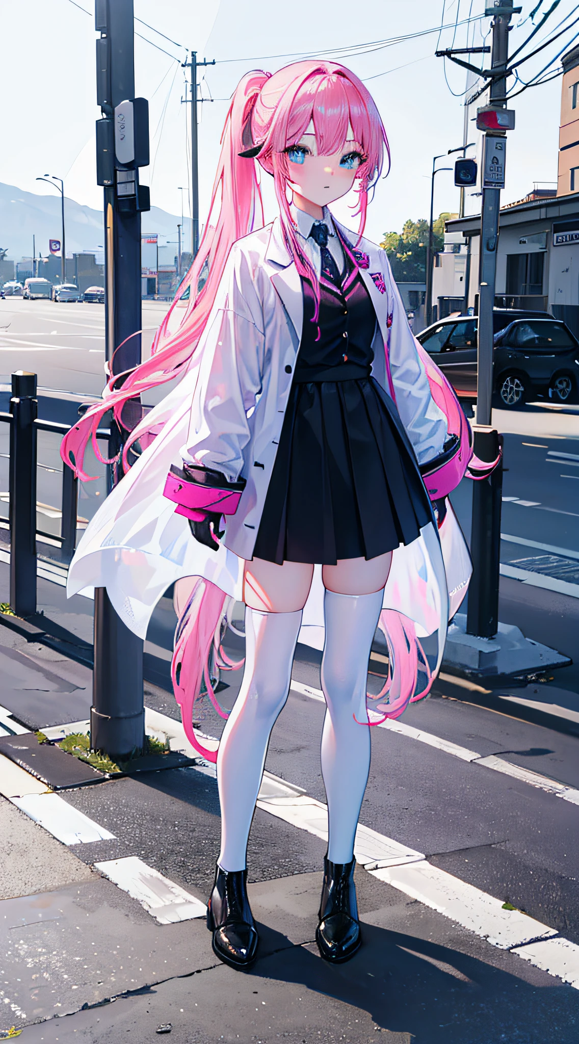 (best quality,4k,high resolution,masterpiece:1.2),ultra-detailed,a girl with vibrant pink hair and blue eyes,tied up in a lively ponytail,standing on the roadside,beautiful detailed eyes sparkling with excitement,long pigtails, dressed in a white suit, black short cloak, blue ankle boots, and white socks