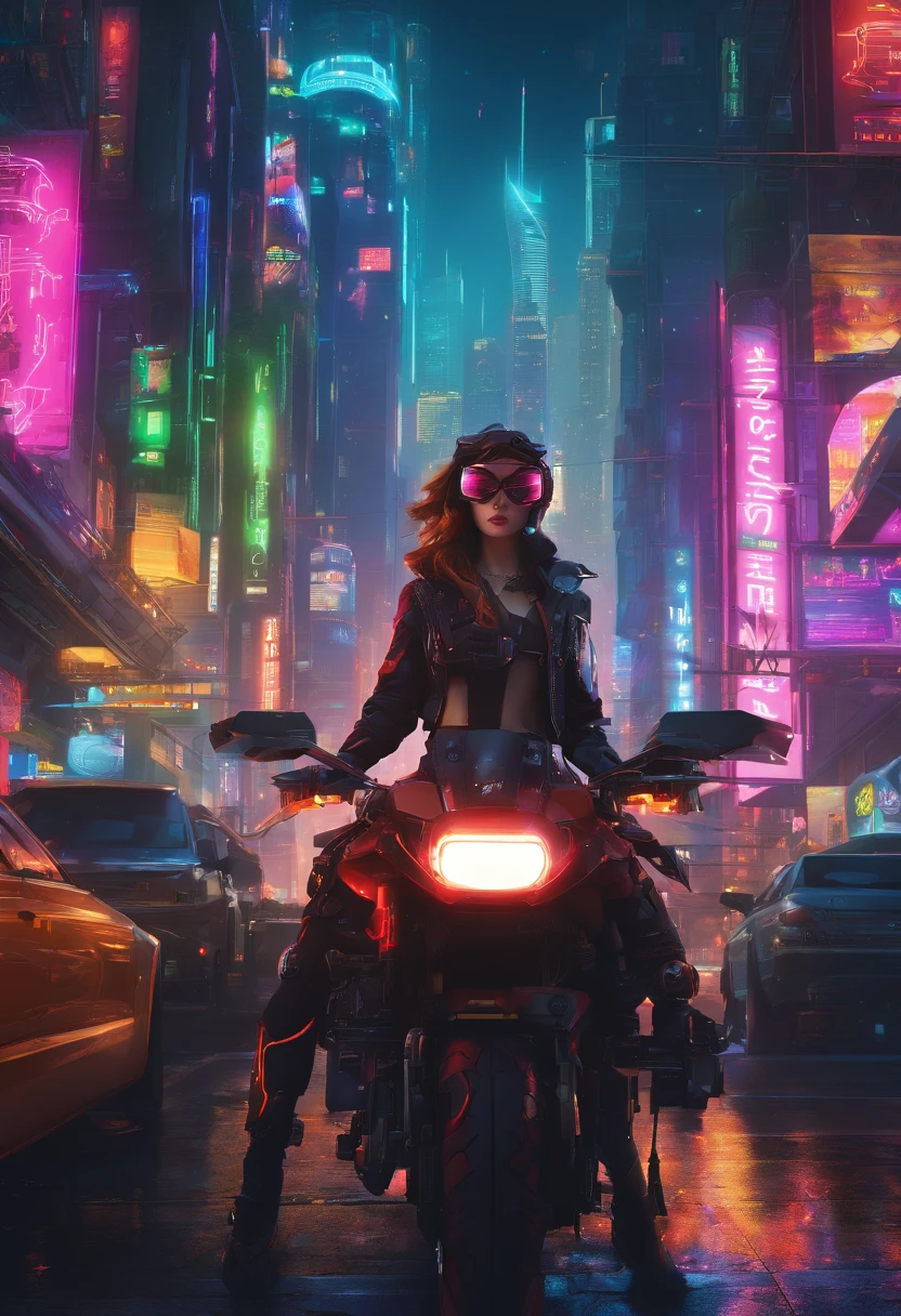 Highest image quality, excellent details, Ultra-high resolution, (fidelity: 1.4), The best illustrations, favor details, Highly condensed 1girl, with a delicate and beautiful face, dressed in black and white mecha, Wearing a mecha helmet, holding a directional controller, riding on motorcycle, the background is a high-tech lighting scene of the futuristic city.