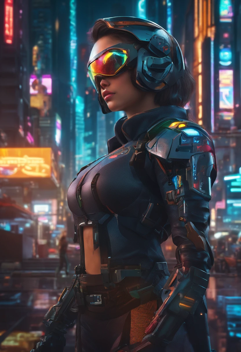 sci-fi city riot with humanoid aliens, beautiful Asian cyberpunk girl wearing a revealing police riot uniform holding a baton, nude, topless, thong, jacket, handcuffs, pistol in holster, police riot helmet, standing next to a police riot android, quad drills, mask, longeyelashes, cat ear headphones, evil smile, makeup, parted lips, angry, masterpiece, ccurate, anatomically correct, textured skin, high details, best quality, 8k, highres, award winning, masterpiece, anatomically correct, super detail, award winning, best quality, 16k