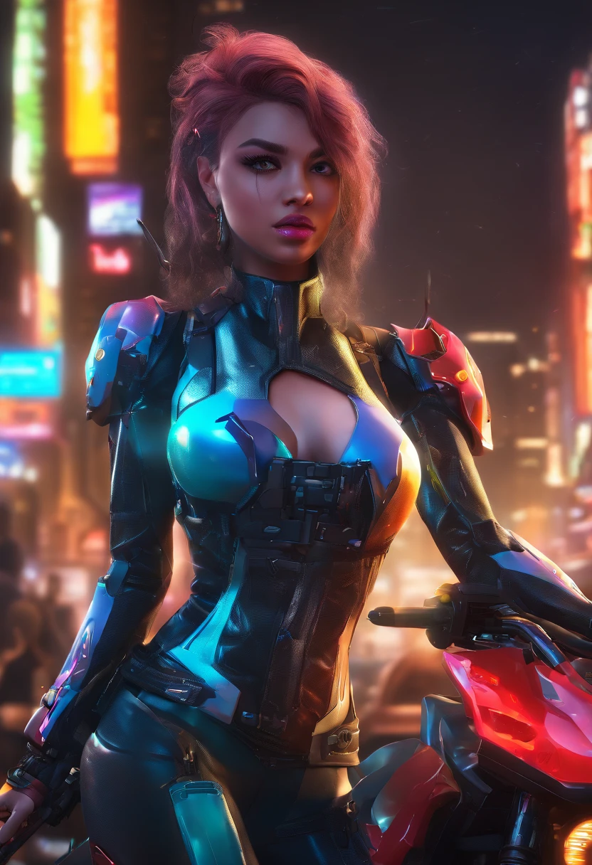 Highest image quality, excellent details, Ultra-high resolution, (fidelity: 1.4), The best illustrations, favor details, Highly condensed 1girl, with a delicate and beautiful face, dressed in black and white mecha, Wearing a mecha helmet, holding a directional controller, riding on motorcycle, the background is a high-tech lighting scene of the futuristic city.